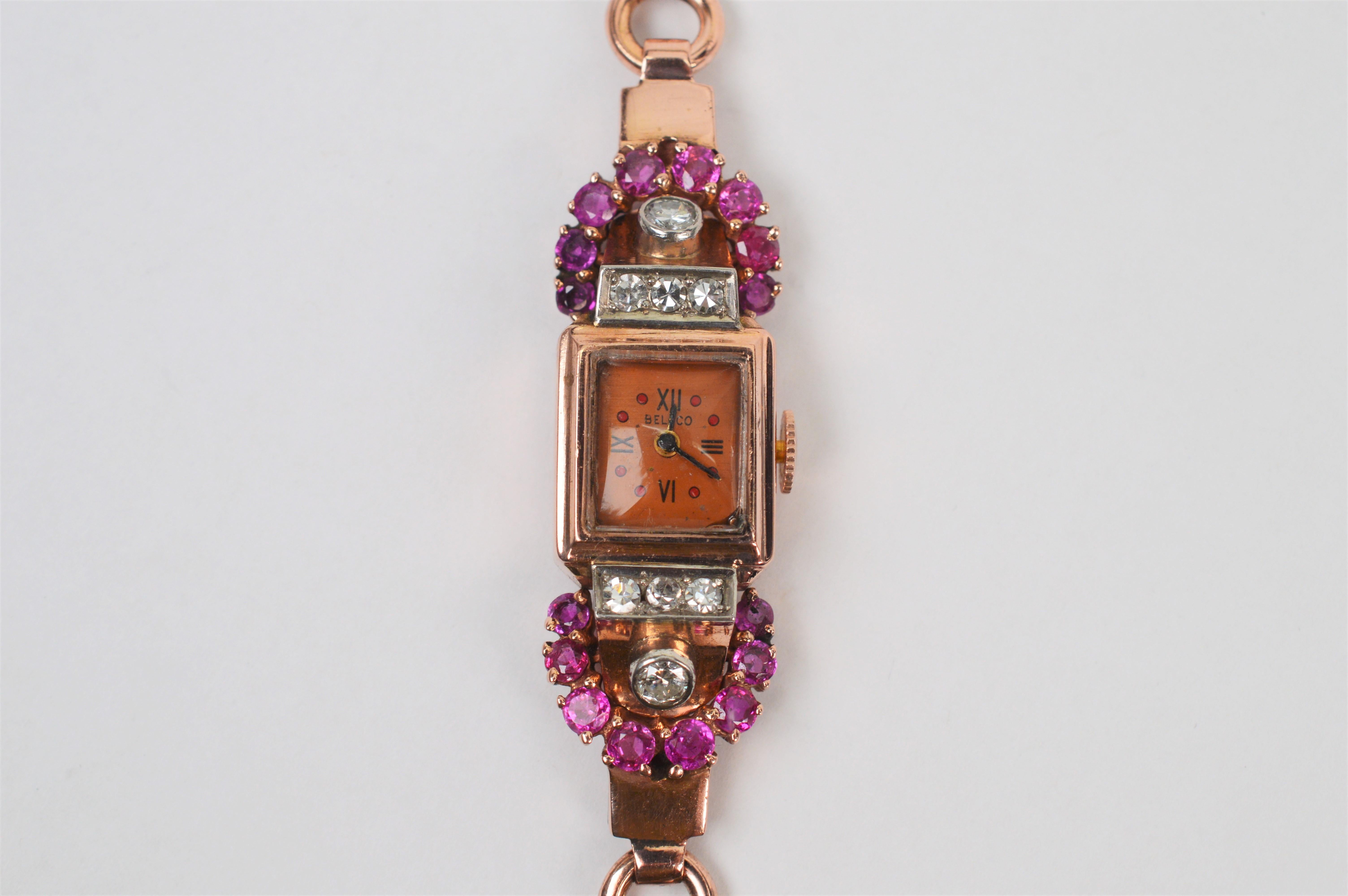 Montre-bracelet art déco en or rose 14 carats avec rubis et diamants en vente 13