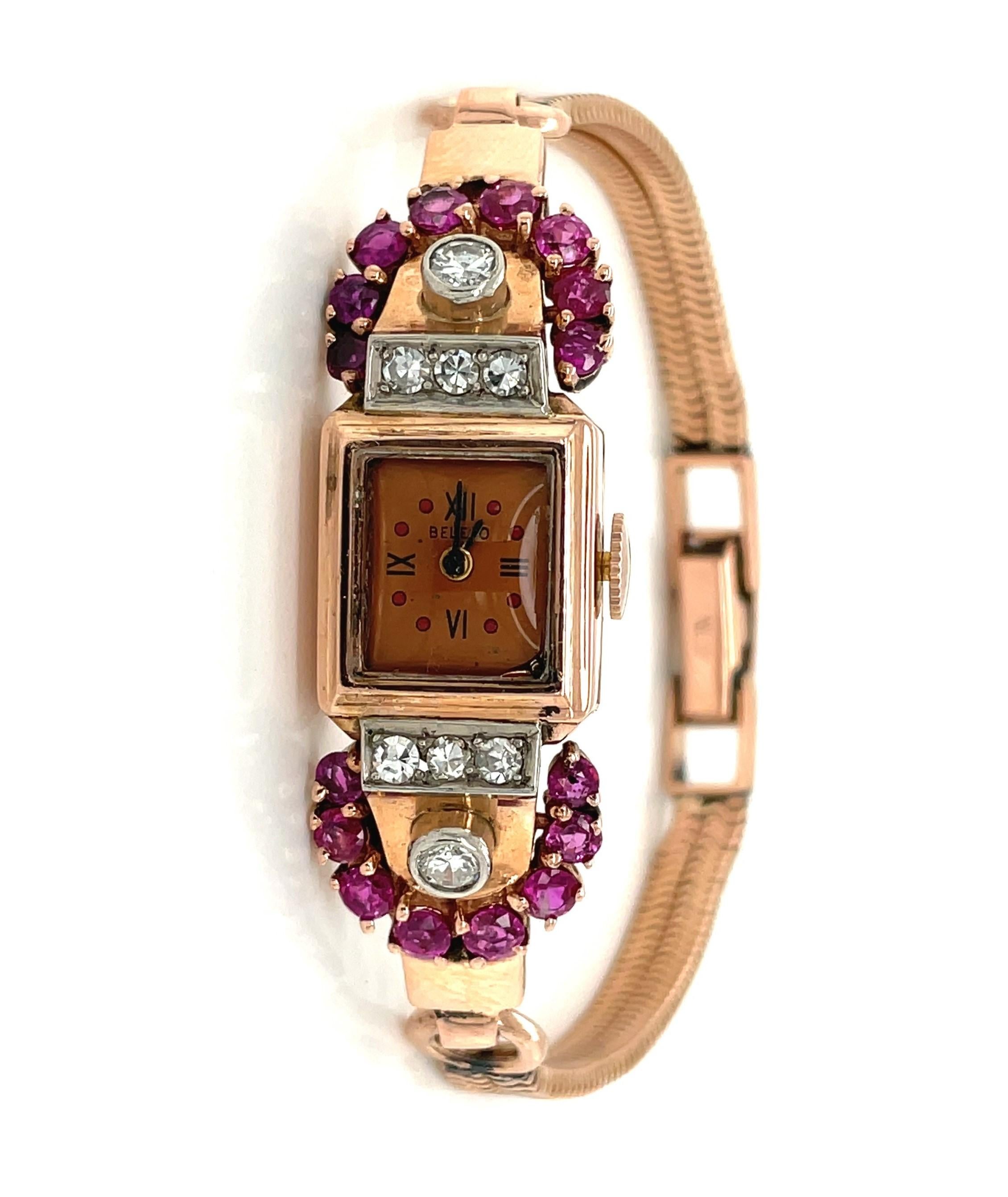 Taille rose Montre-bracelet art déco en or rose 14 carats avec rubis et diamants en vente