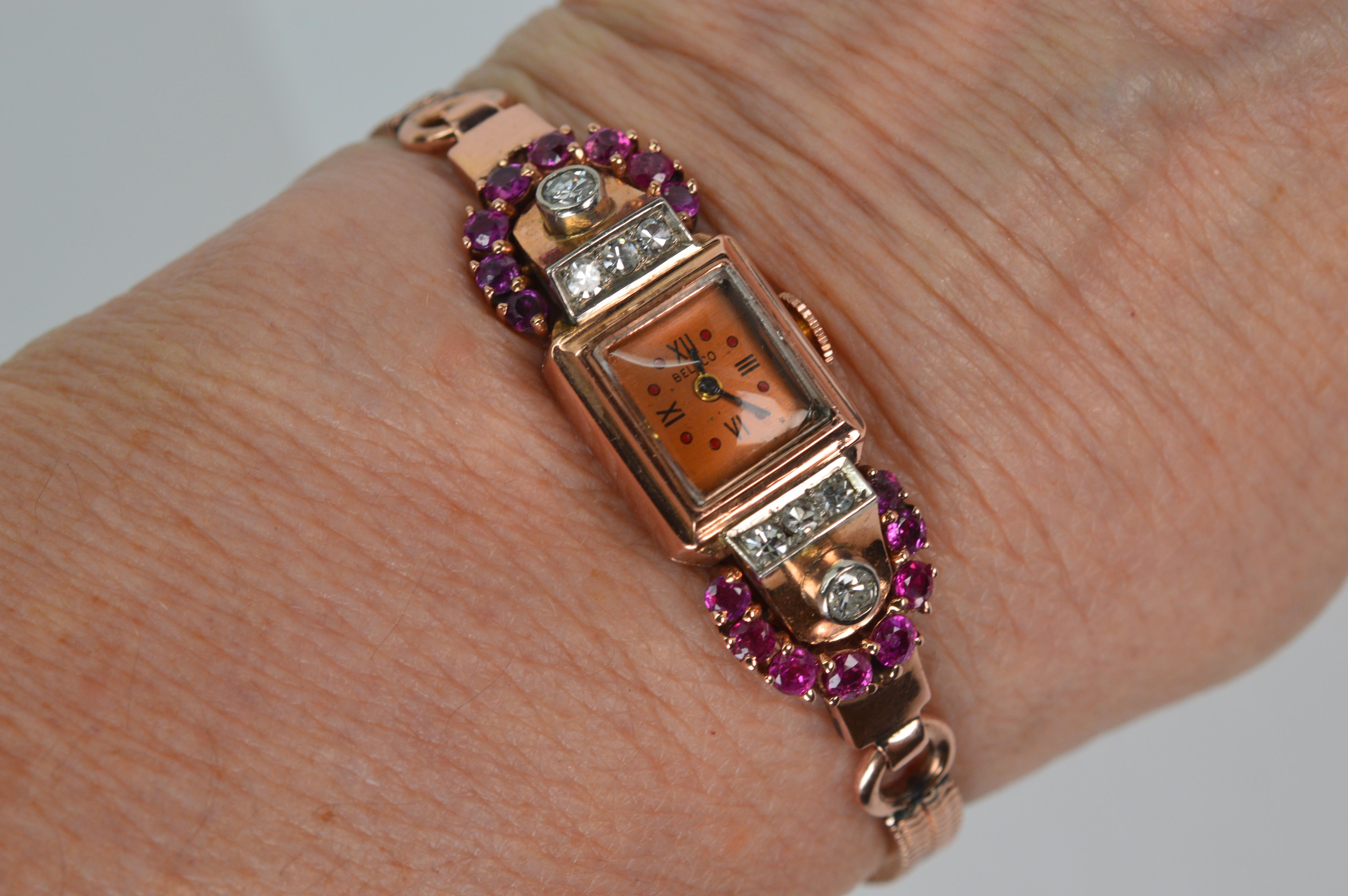 Rose Cut Ruby Diamond 14 Karat Rose Gold Art Deco Bracelet Wrist Watch For Sale
