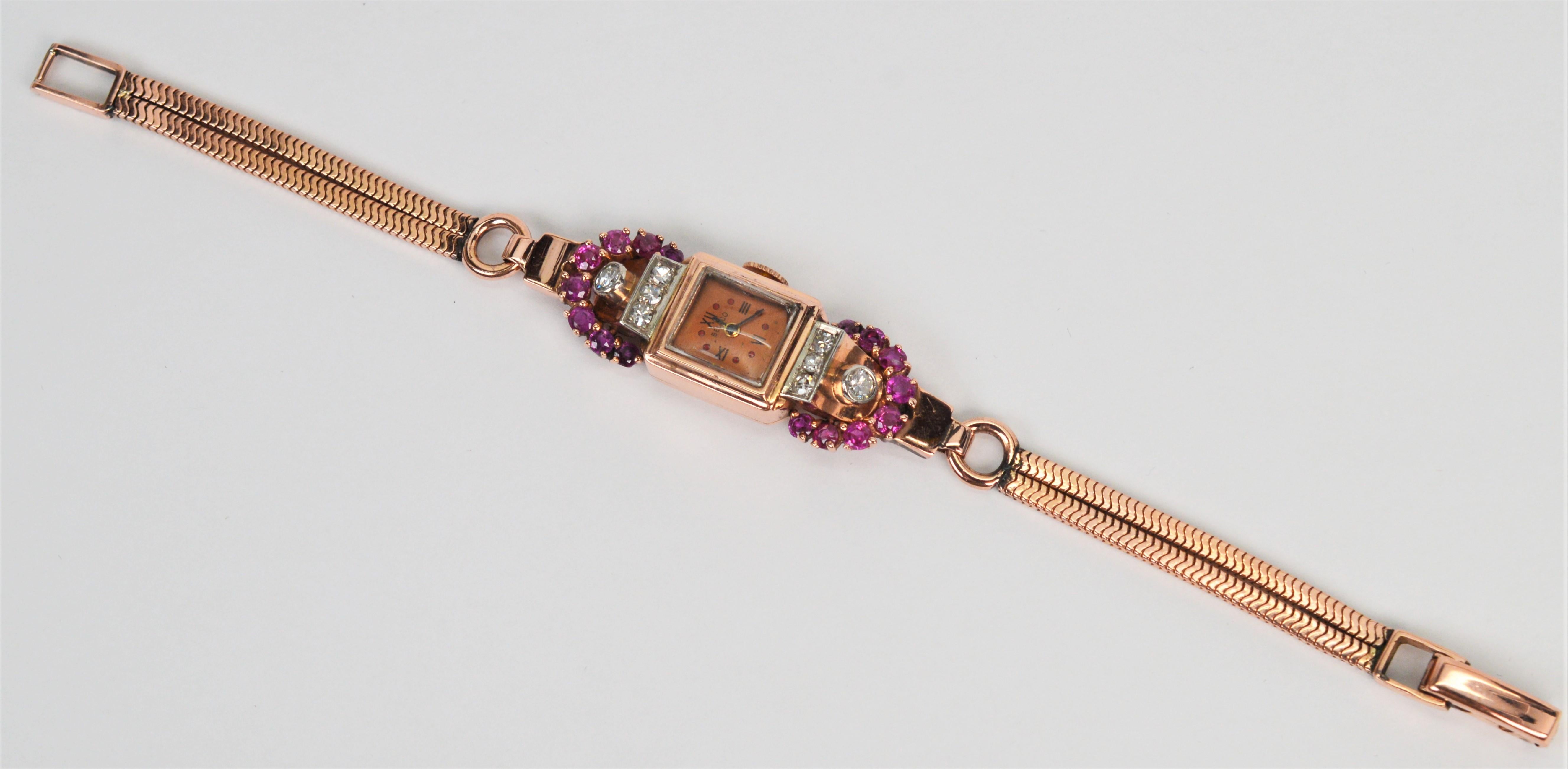 Ruby Diamond 14 Karat Rose Gold Art Deco Bracelet Wrist Watch In Good Condition For Sale In Mount Kisco, NY