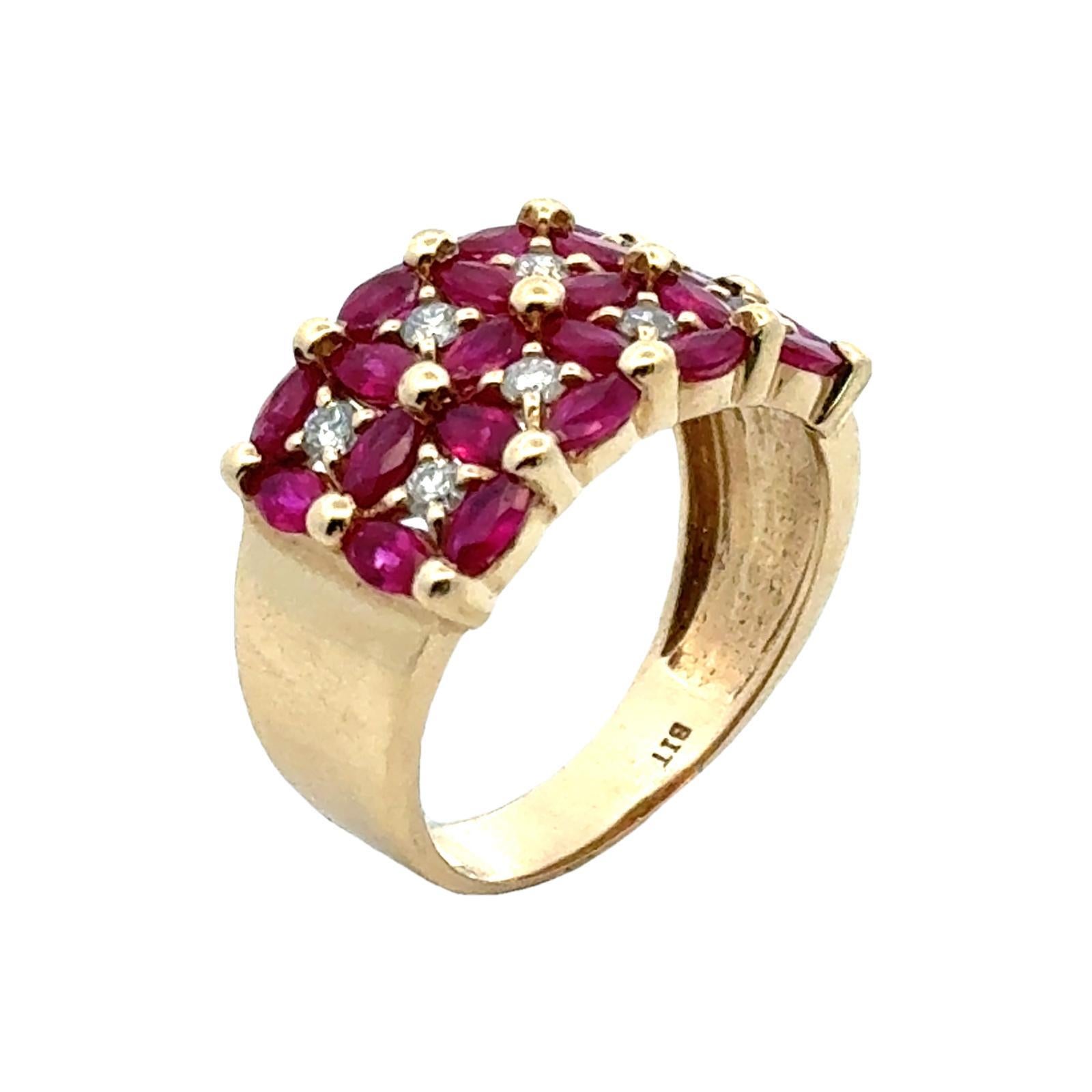 Modern Ruby Diamond 14 Karat Yellow Gold Checkerboard Wide Band Ring