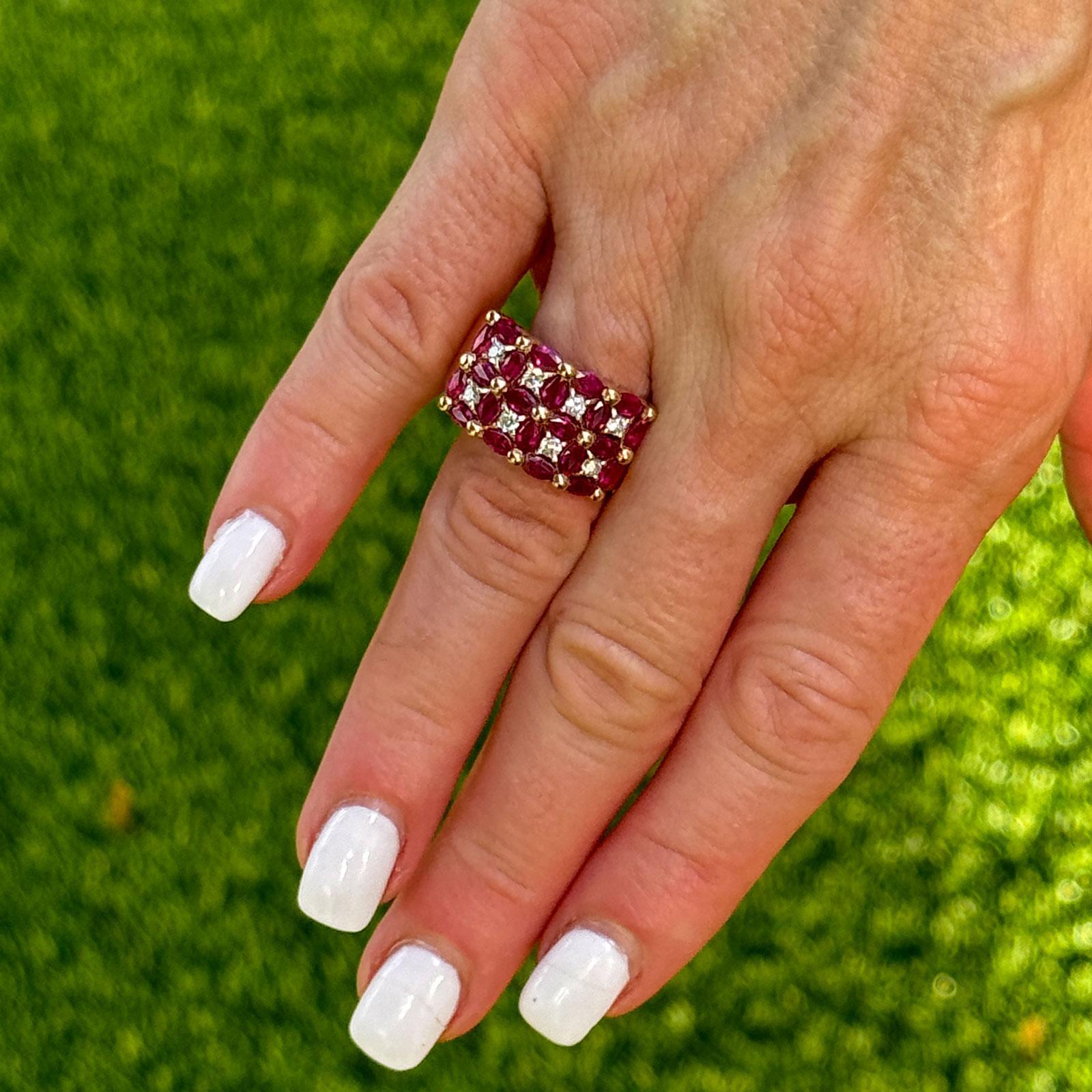 Round Cut Ruby Diamond 14 Karat Yellow Gold Checkerboard Wide Band Ring