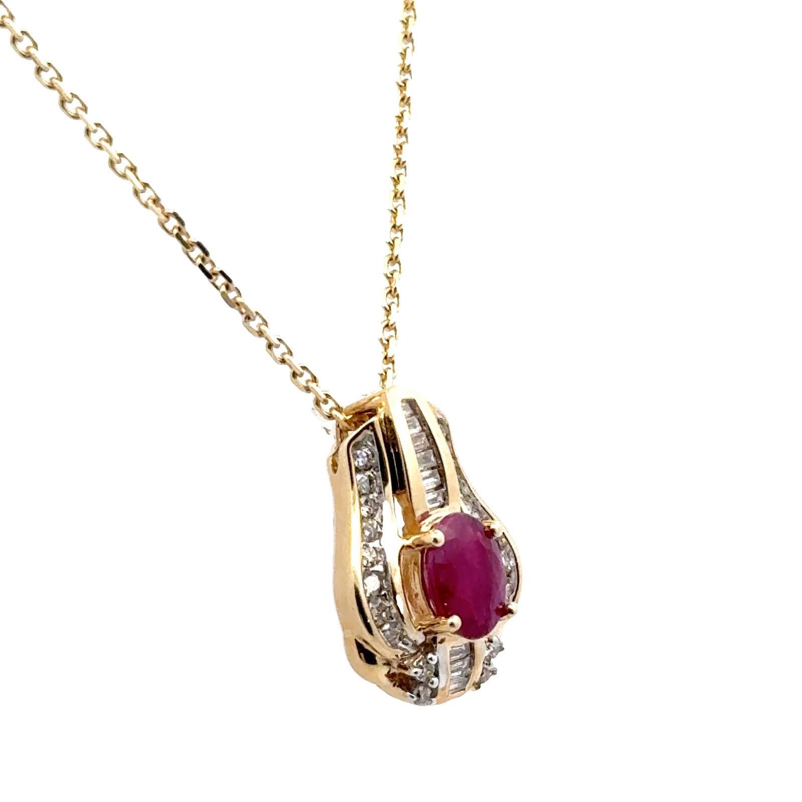 Modern Ruby Diamond 14 Karat Yellow Gold Drop Pendant Necklace For Sale