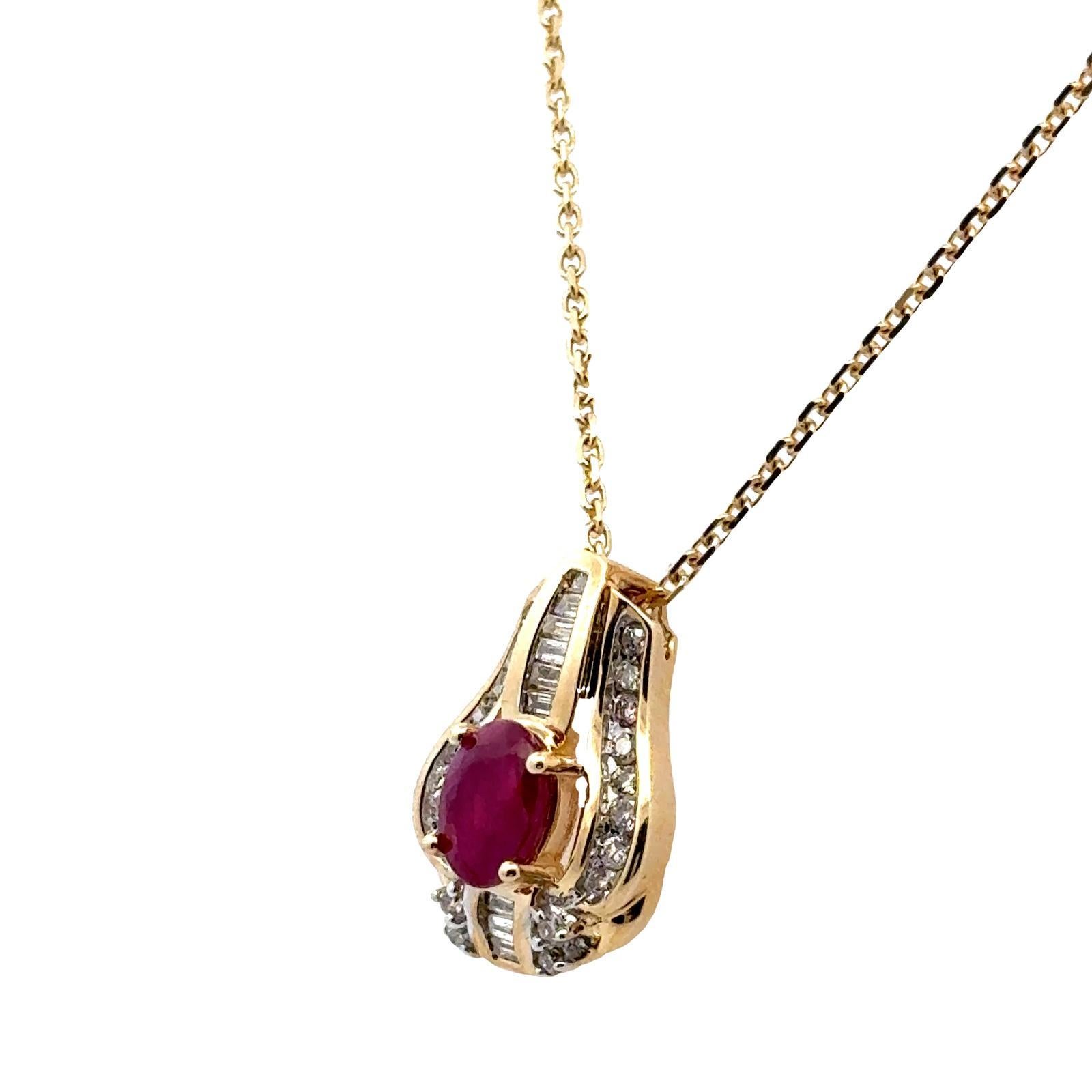 Oval Cut Ruby Diamond 14 Karat Yellow Gold Drop Pendant Necklace For Sale