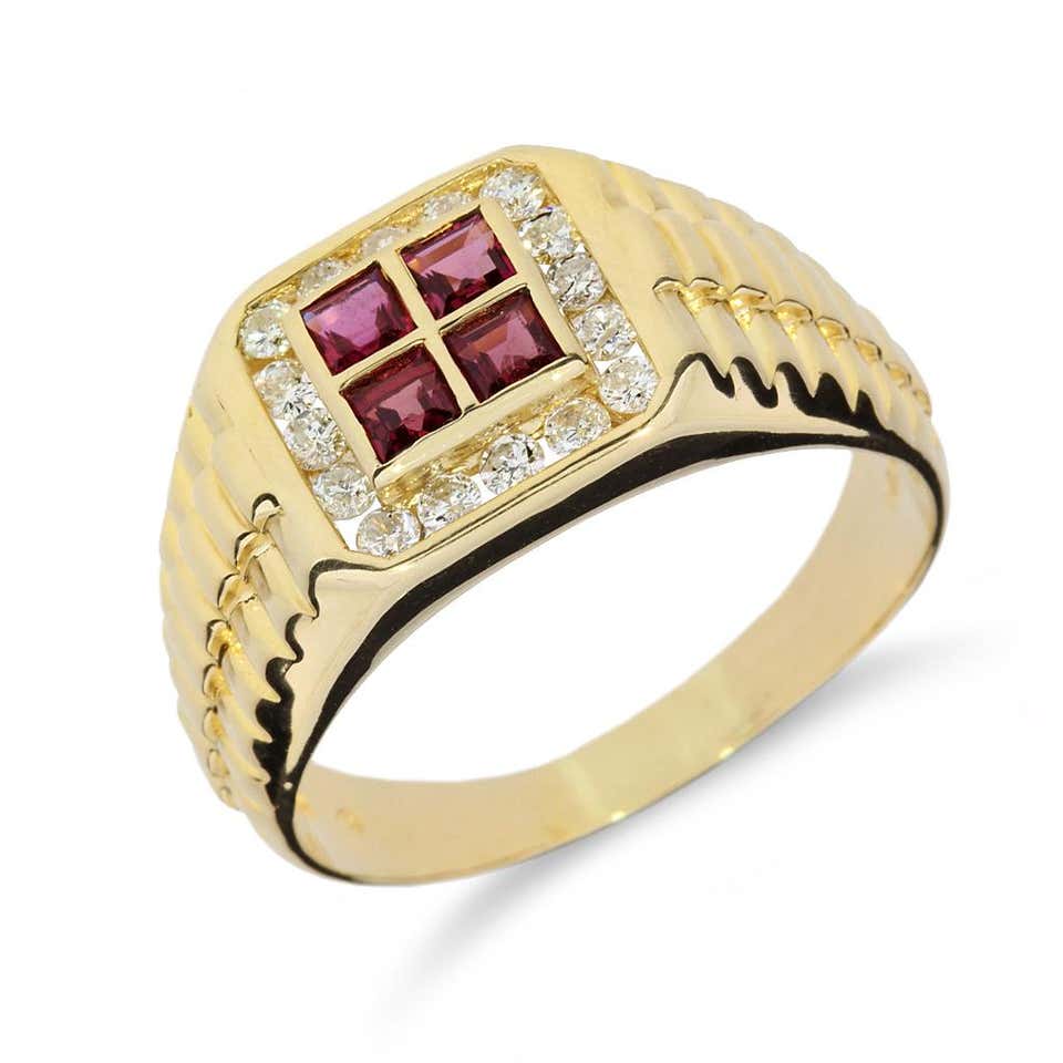14k Gold Graduated Three Row Square Ruby and Round Diamond Ring For ...