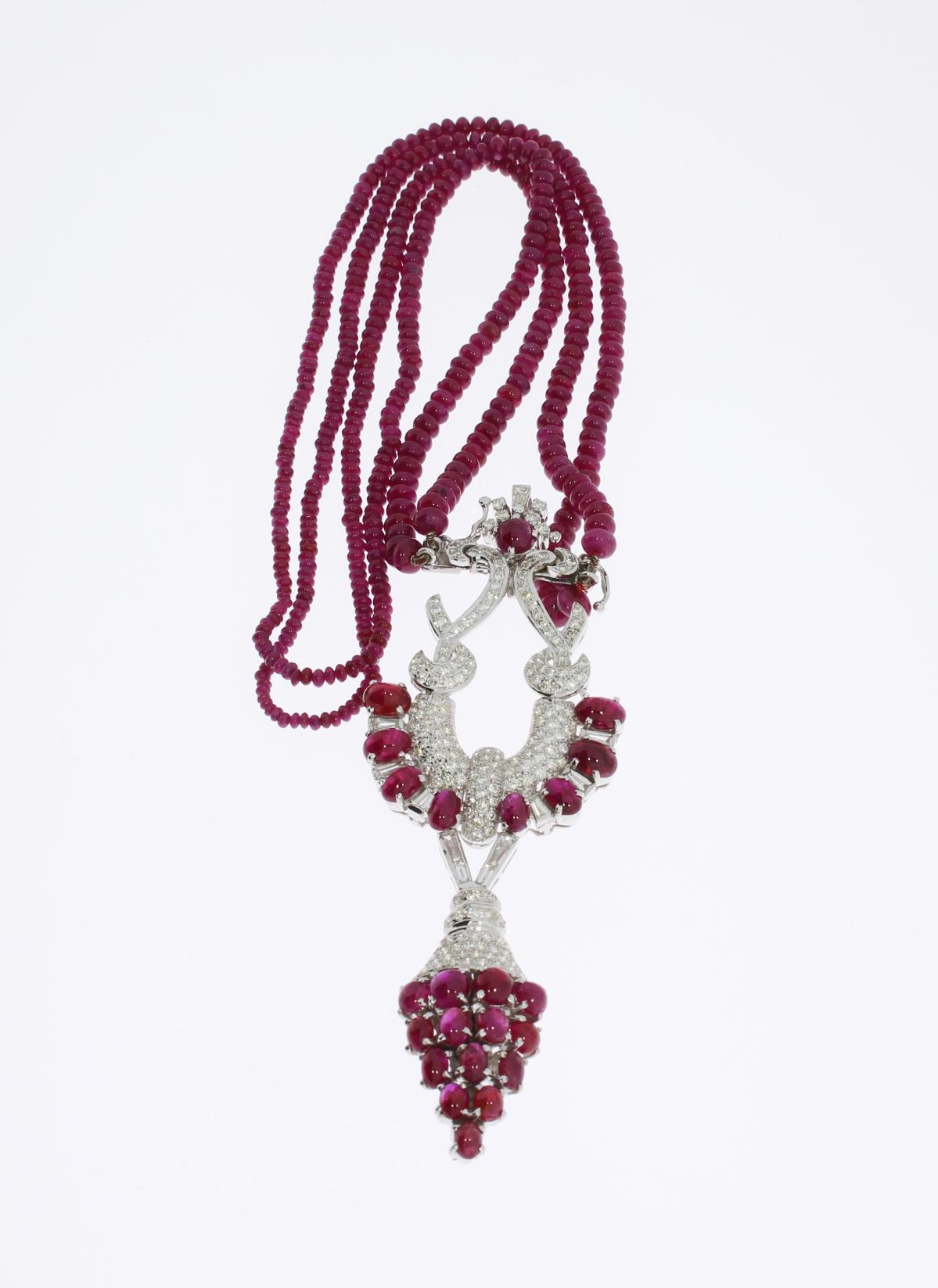 Cabochon Ruby Diamond 18 Carat Gold Necklace For Sale