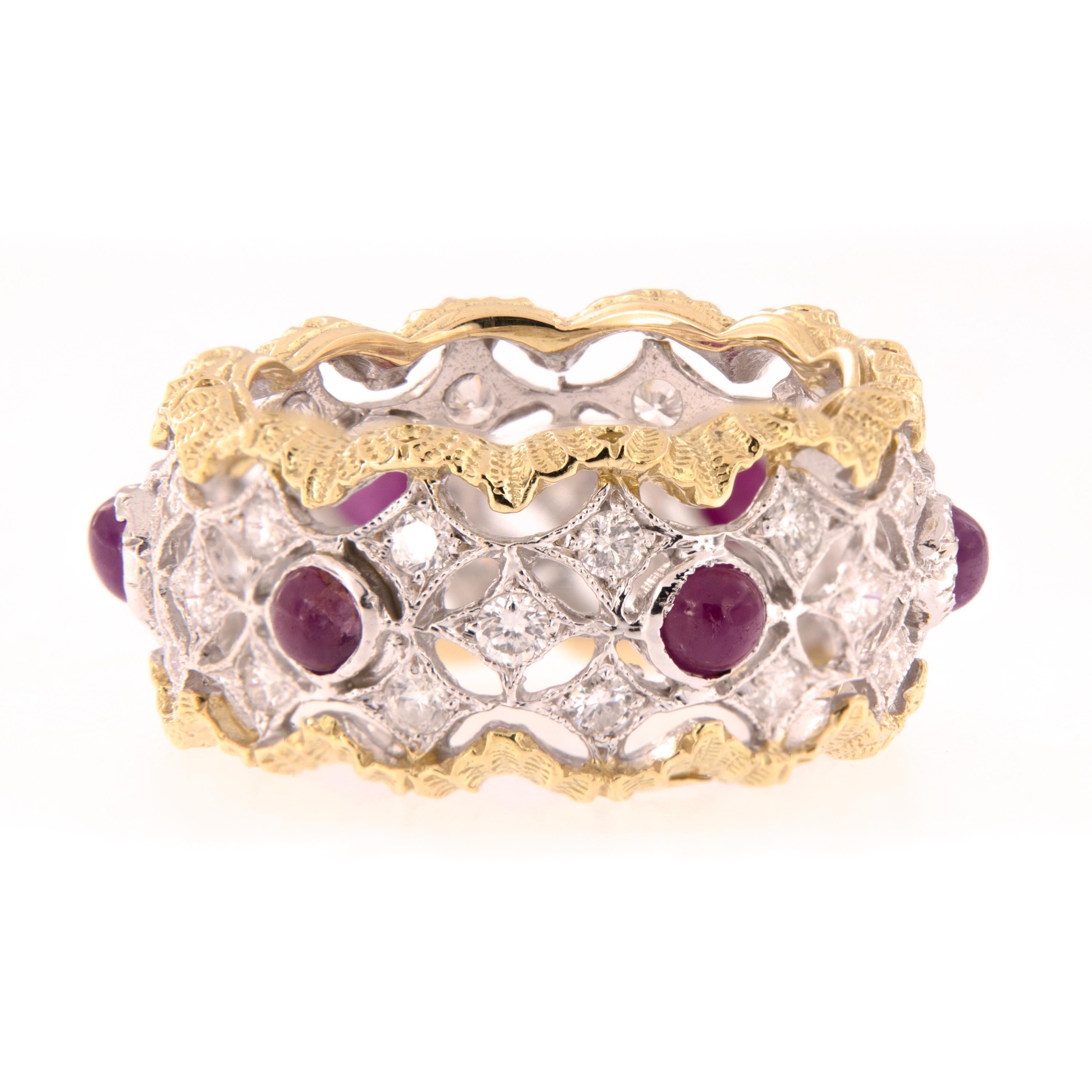 This ring showcases expert Italian craftsmanship of openwork design in 18k white gold and scalloped 18k yellow gold borders. Ring features six round cabochon rubies and white diamonds. Ring size 5.5. Weighs 6.8 grams. Marked Italy.

Ruby 1.07