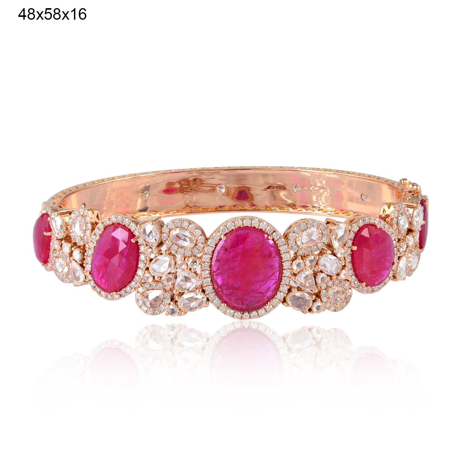 Rose Cut Ruby Diamond 18 Karat Gold Bangle Bracelet For Sale