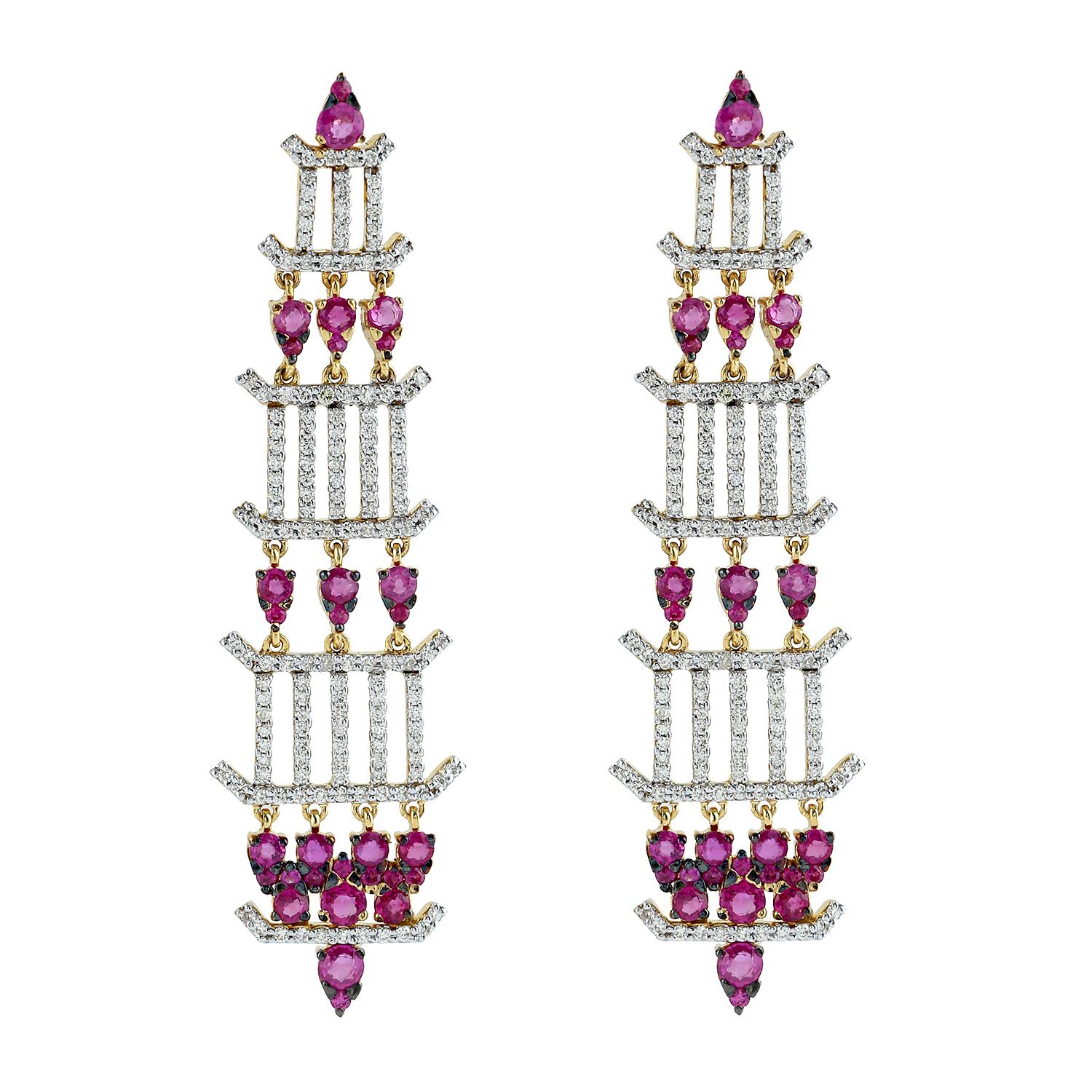 Mixed Cut Ruby Diamond 18 Karat Gold Chandelier Earrings For Sale