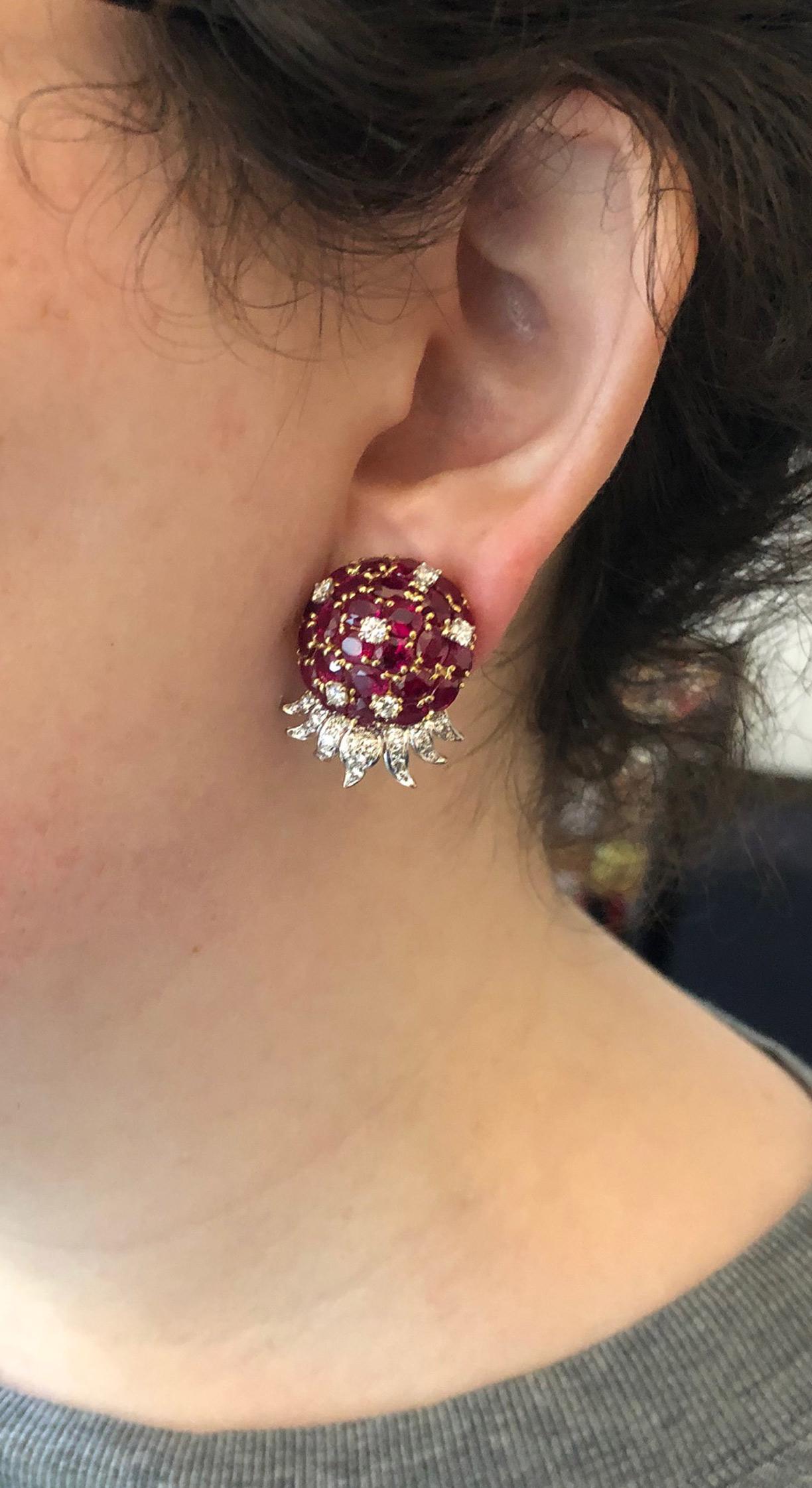 Women's or Men's Ruby Diamond 18 Karat Gold Ear Clips