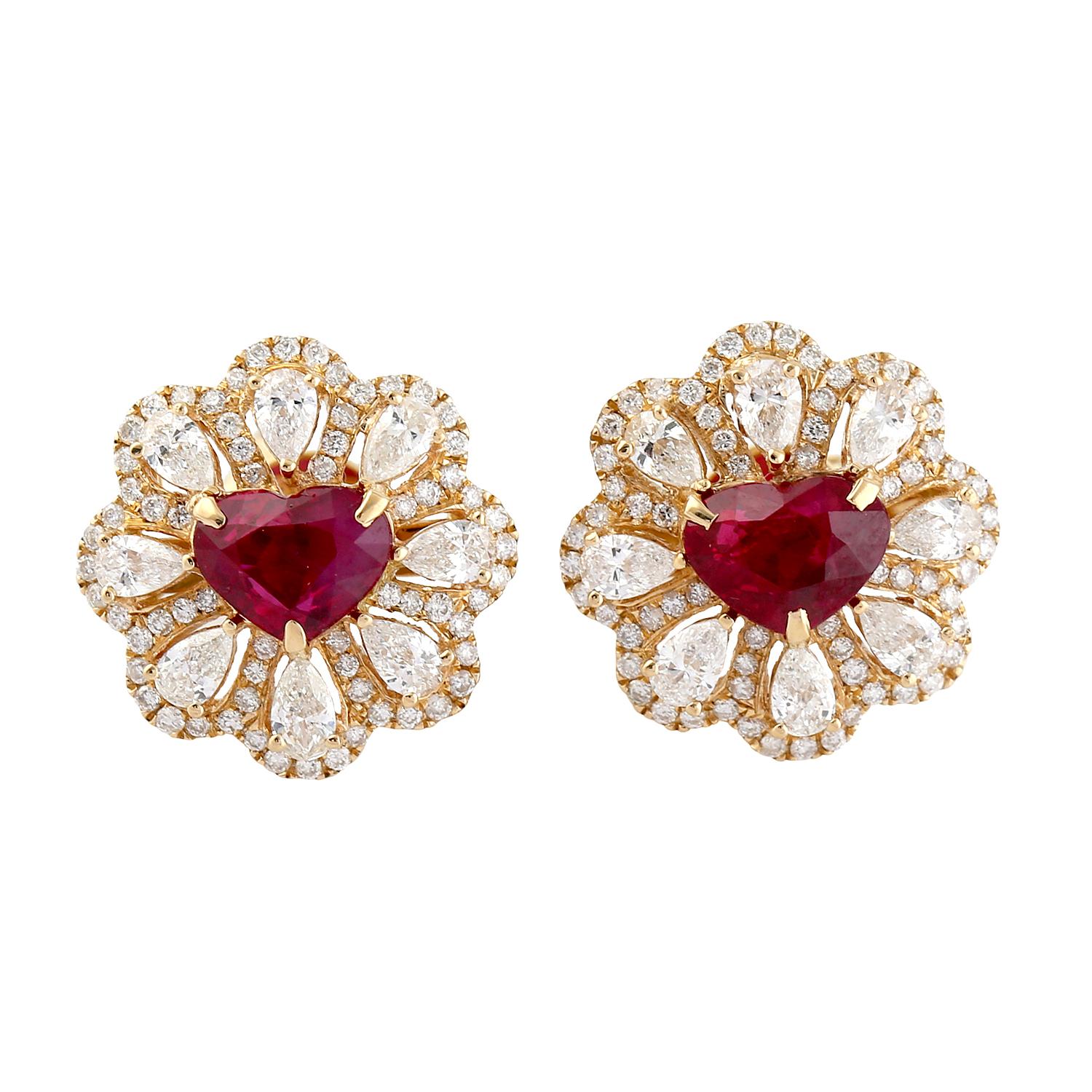 Modern Ruby Diamond 14 Karat Gold Flower Heart Stud Earrings For Sale
