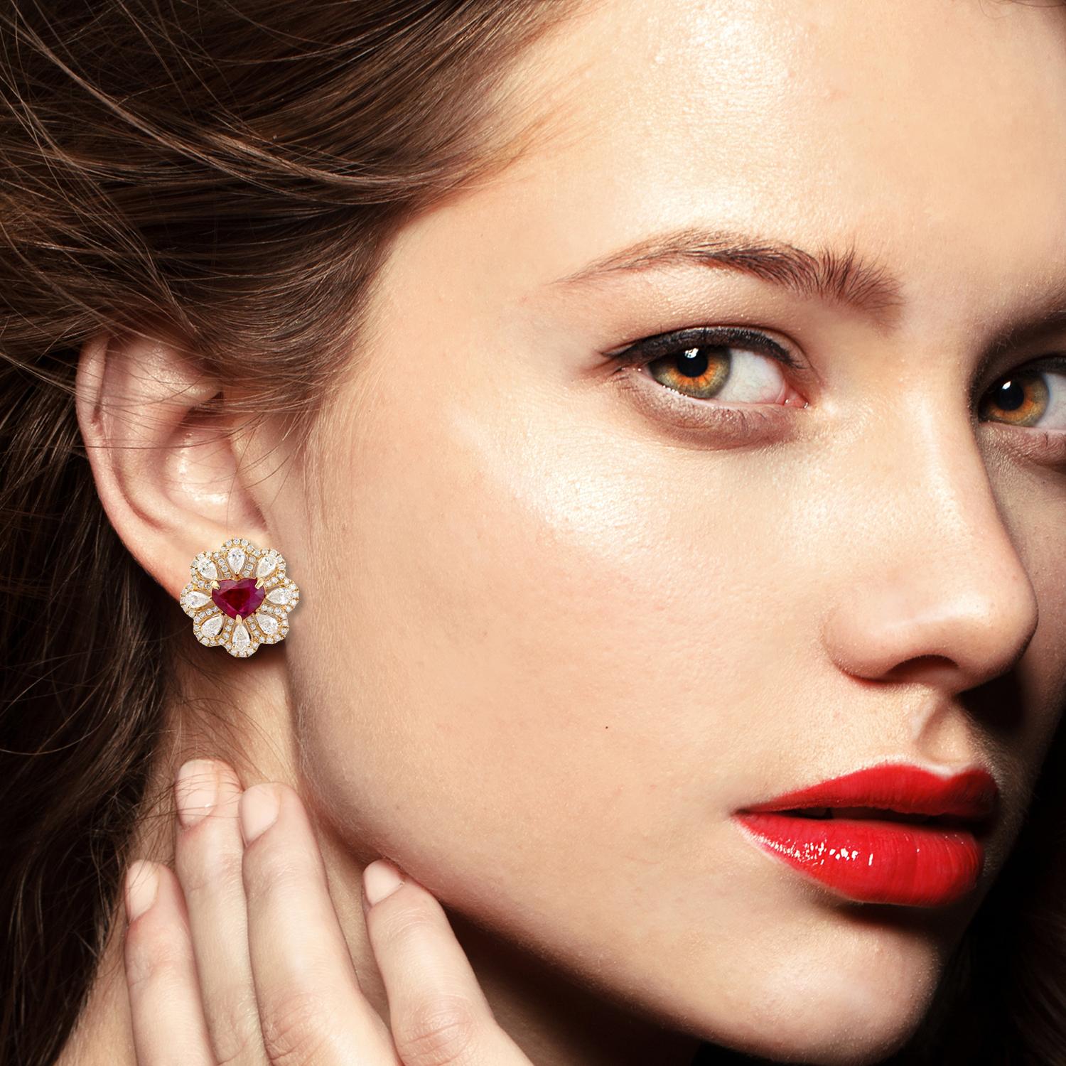Mixed Cut Ruby Diamond 14 Karat Gold Flower Heart Stud Earrings For Sale