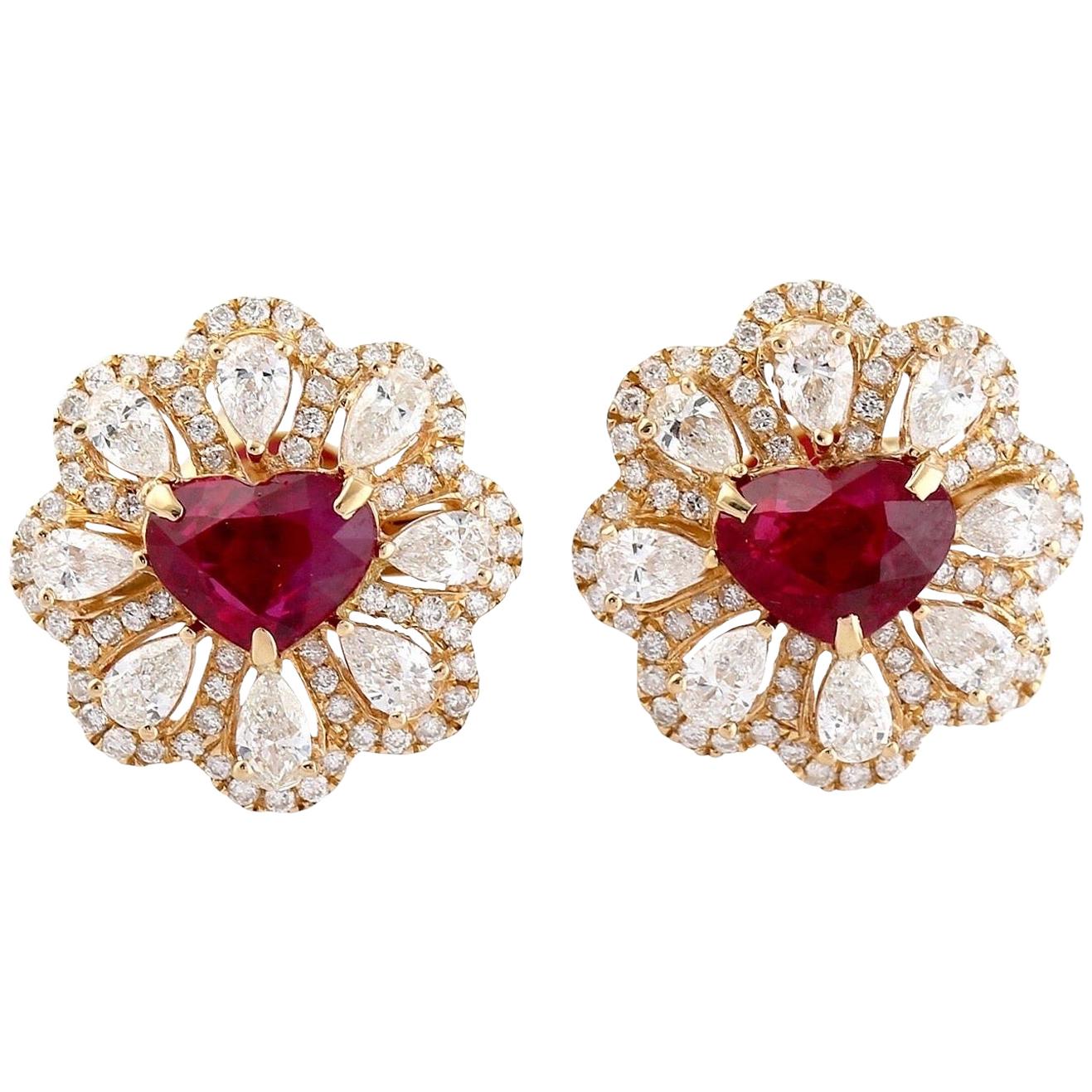 Ruby Diamond 14 Karat Gold Flower Heart Stud Earrings