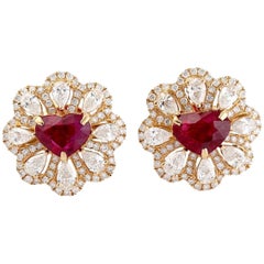 Boucles d'oreilles en or 14 carats, diamant rubis et fleur en forme de cœur