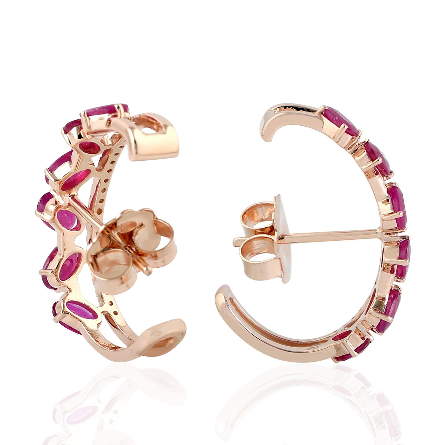 Mixed Cut Ruby Diamond 18 Karat Gold Hoop Earrings For Sale