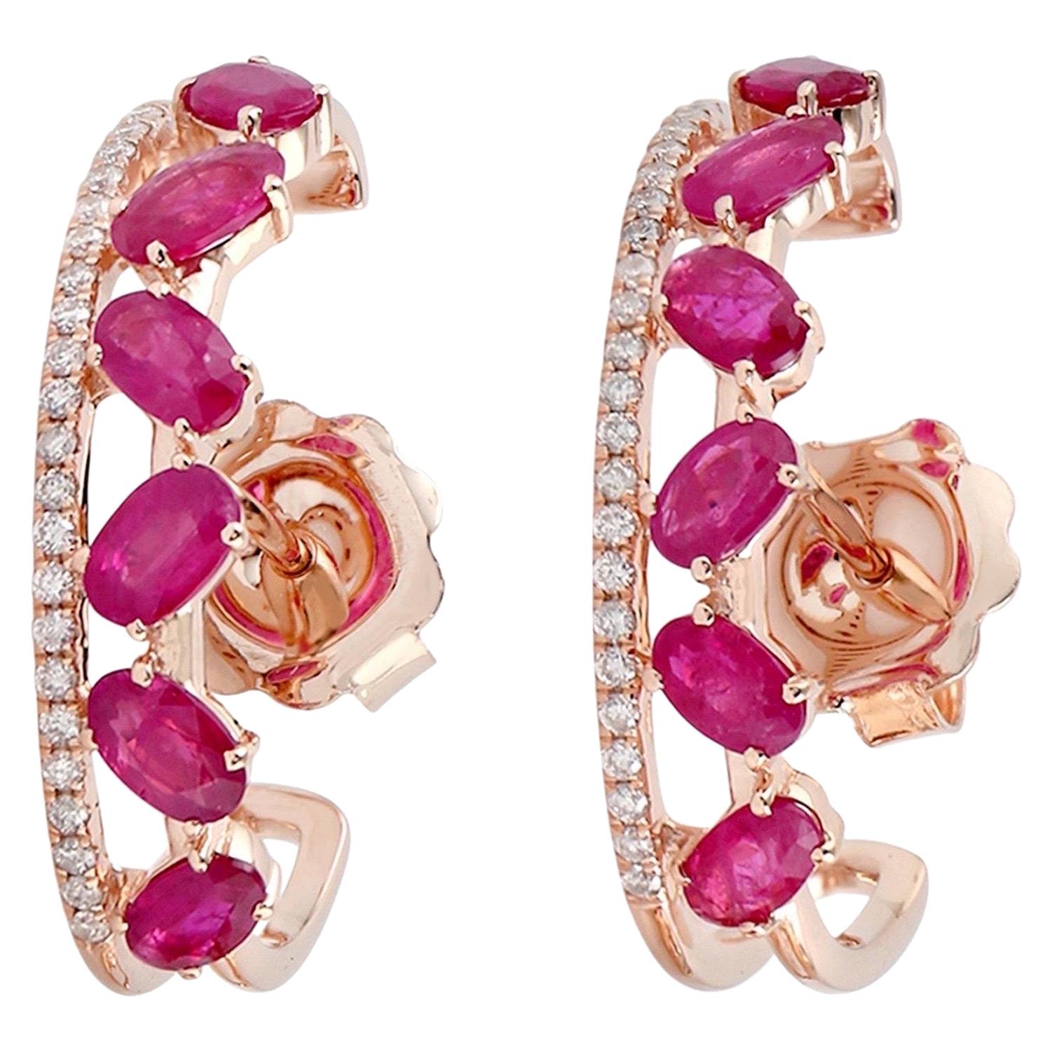 Ruby Diamond 18 Karat Gold Hoop Earrings For Sale