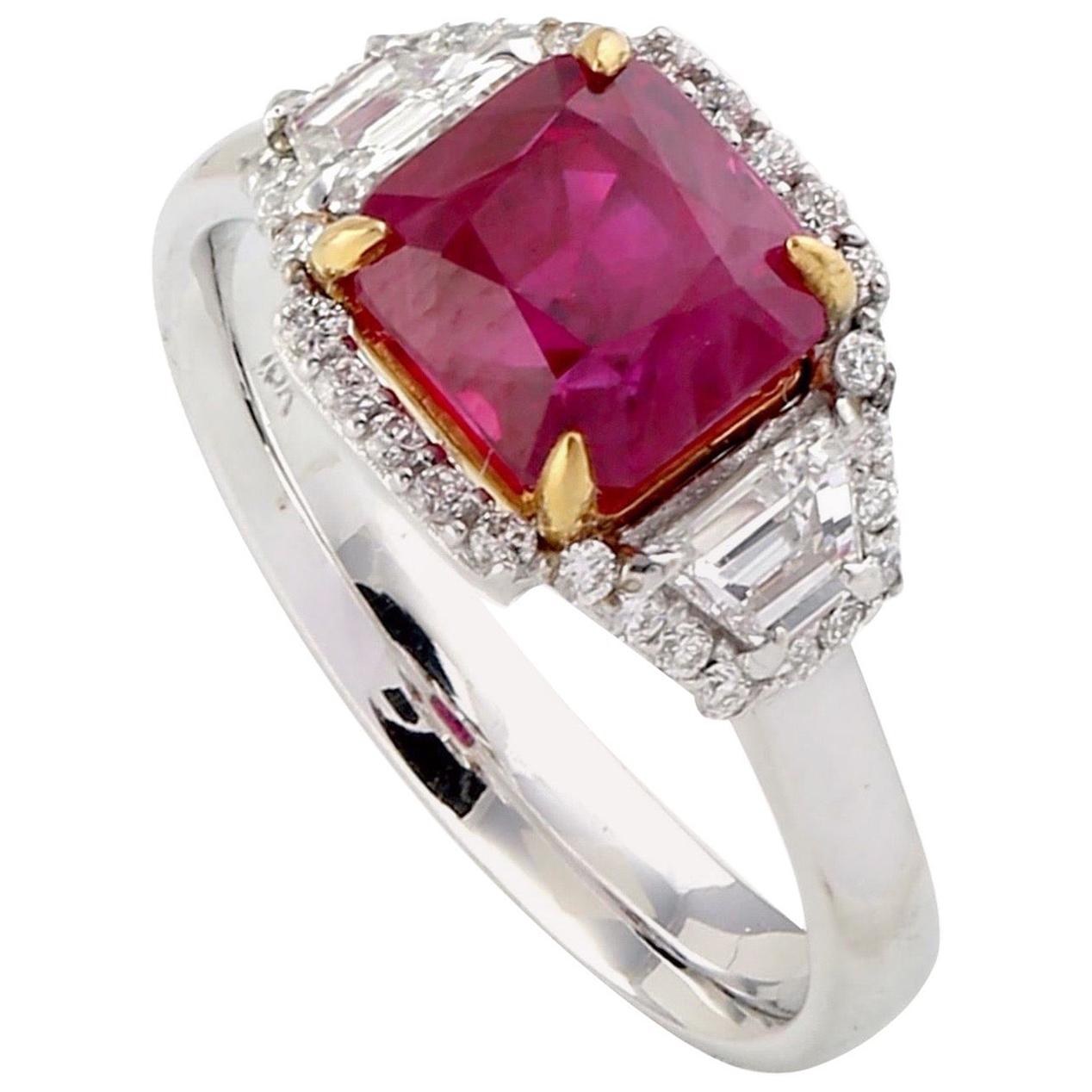 Silver Tone Square Ring - Created Ruby & Diamond Accent - Solitaire Style - Multiple Sizes