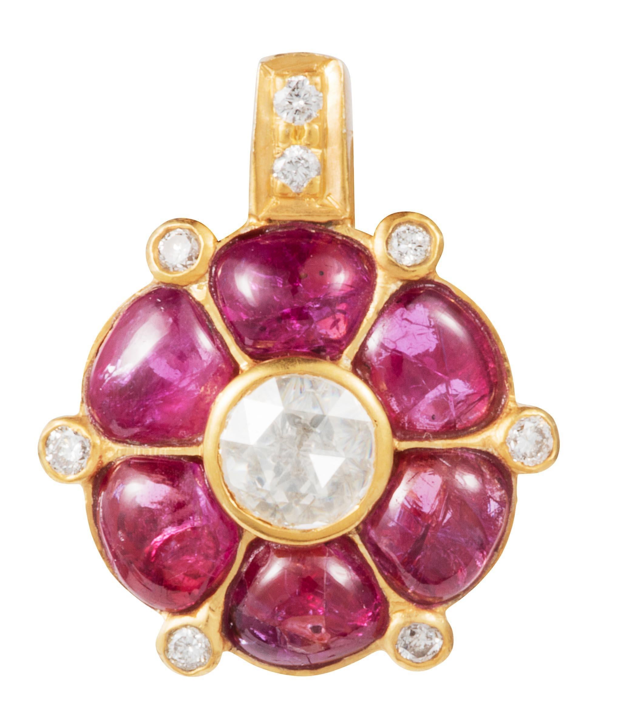 Diamond weight: 0.17 carats
Rose-Cut Diamond weight: 0.30 carats
Ruby weight: 3.53 carats

Bright rubies are interspersed with diamonds to create two lovely flower earrings.  Suspended from an 18k gold band studded with rose cut diamonds, these are