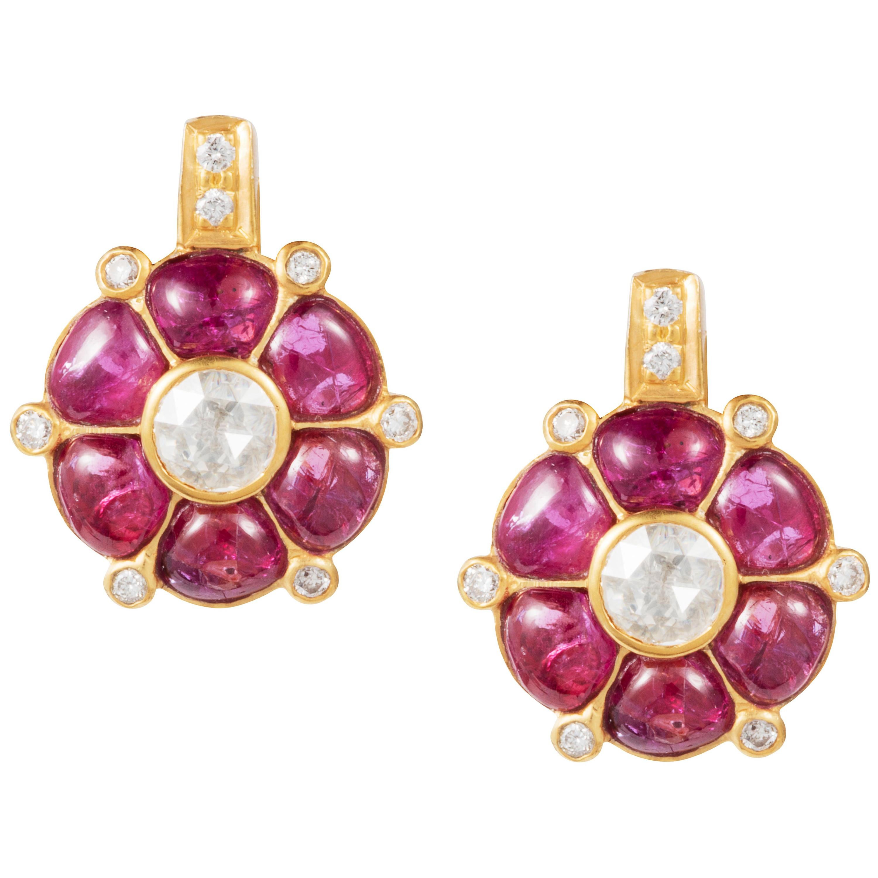 Manpriya B Ruby, Diamond, 18 Karat Gold Small Clover Stud Earrings For Sale