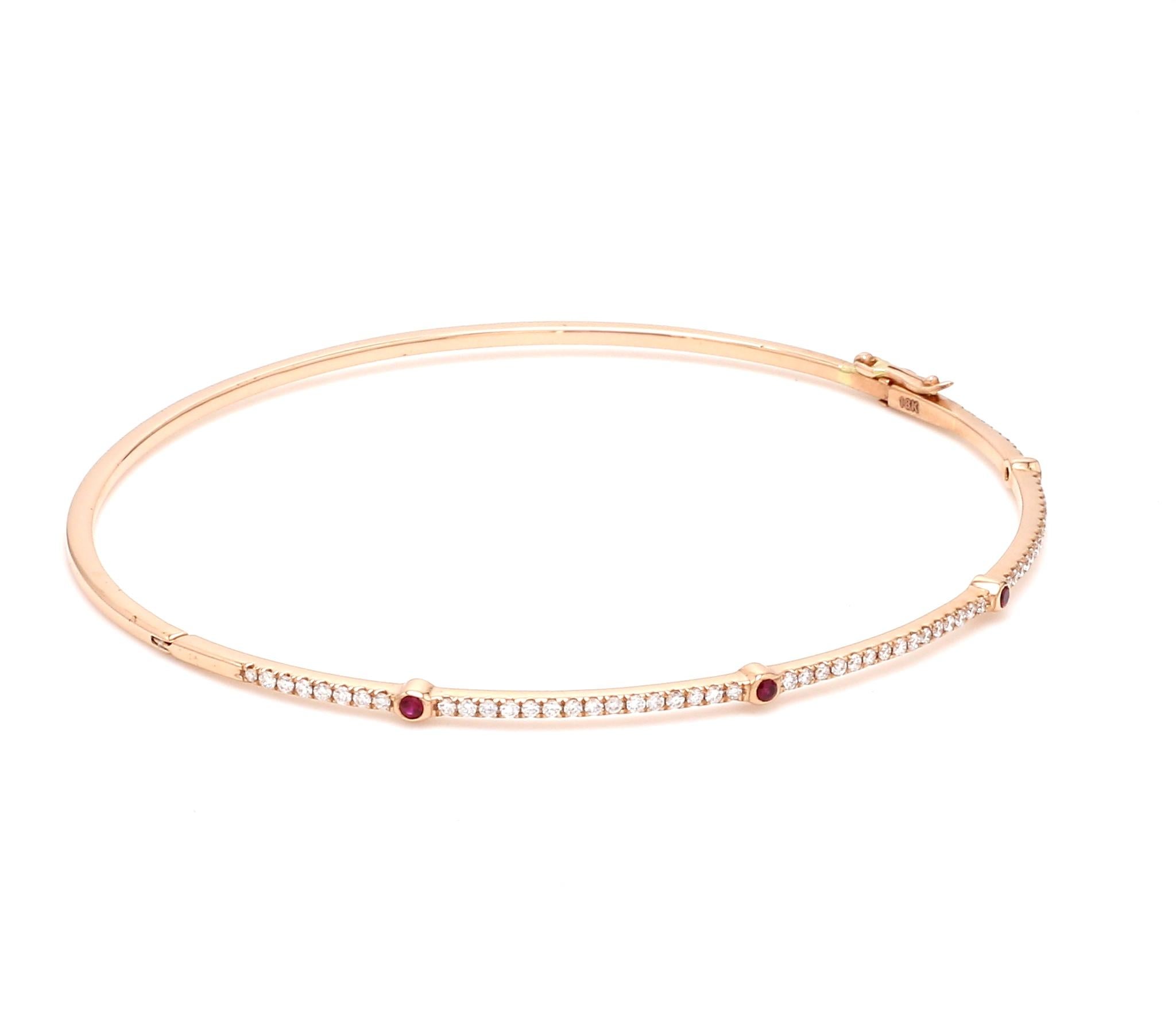 Ruby Diamond 18 Karat Rose Gold Bangle In New Condition In Hollywood, FL