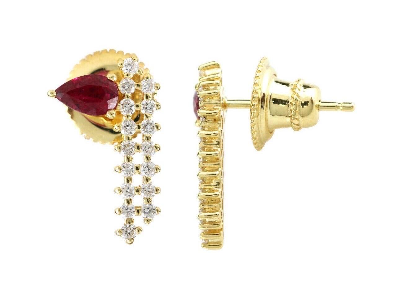 Cast from 14-karat yellow gold, these beautiful earrings are hand set with .62 carats ruby and .35 carats of sparkling diamonds. 

FOLLOW MEGHNA JEWELS storefront to view the latest collection & exclusive pieces. Meghna Jewels is proudly rated as a