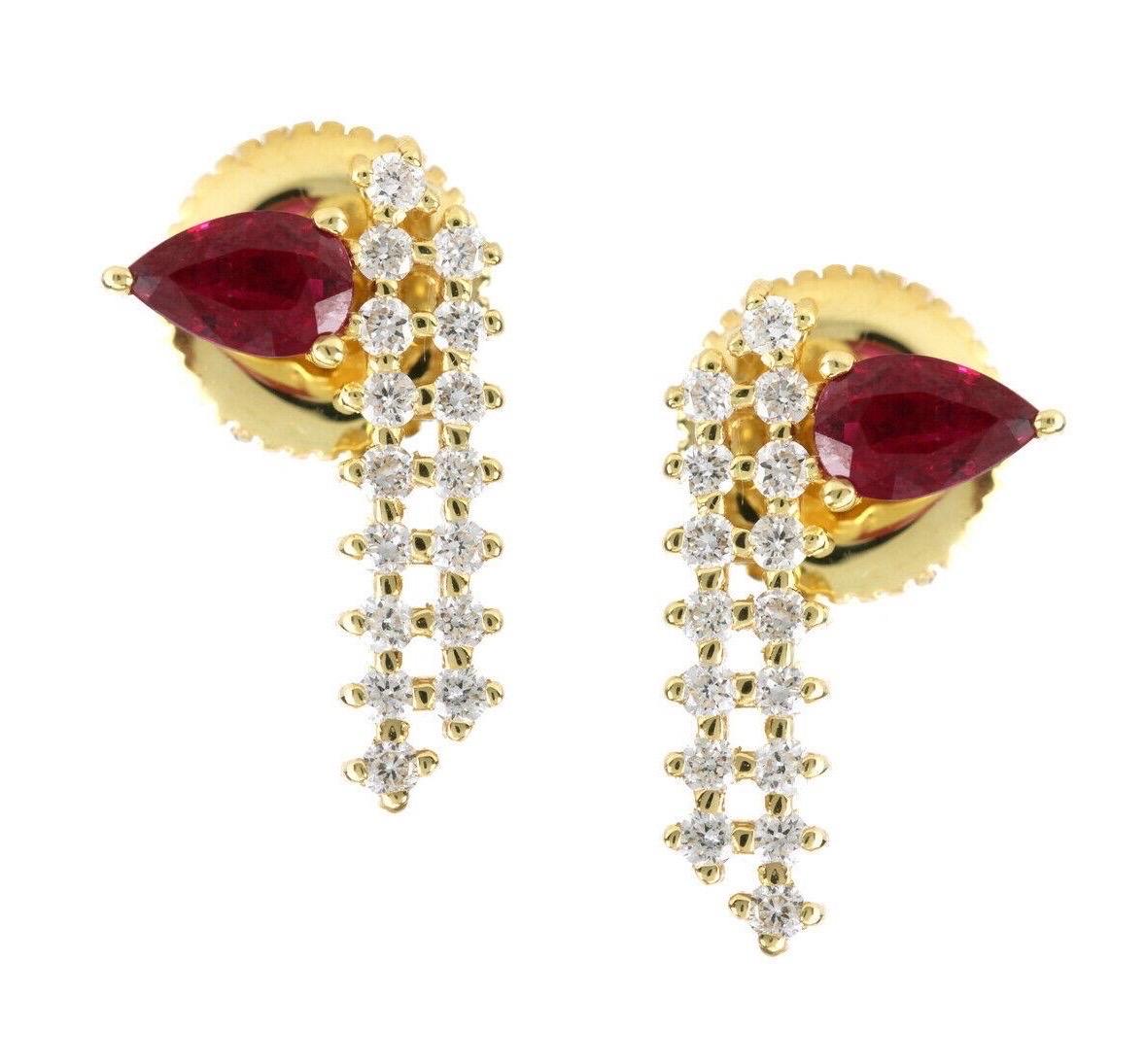 Modern Ruby Diamond 14 Karat Yellow Gold Chain Earrings For Sale