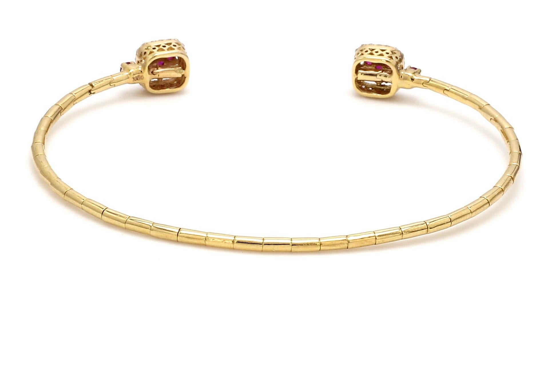 Contemporary Ruby Diamond 18 Karat Yellow Gold Cuff Bracelet