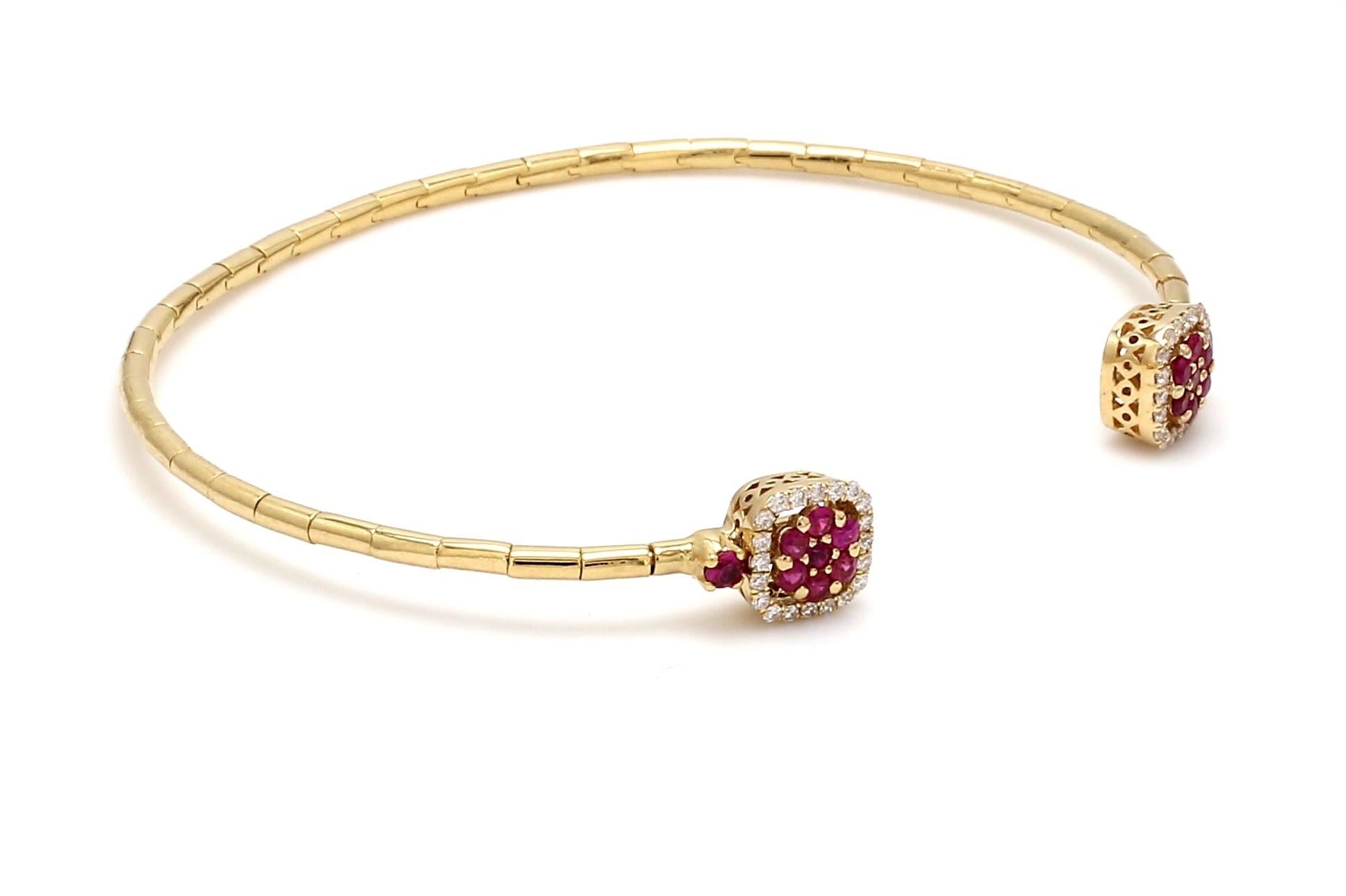 Round Cut Ruby Diamond 18 Karat Yellow Gold Cuff Bracelet