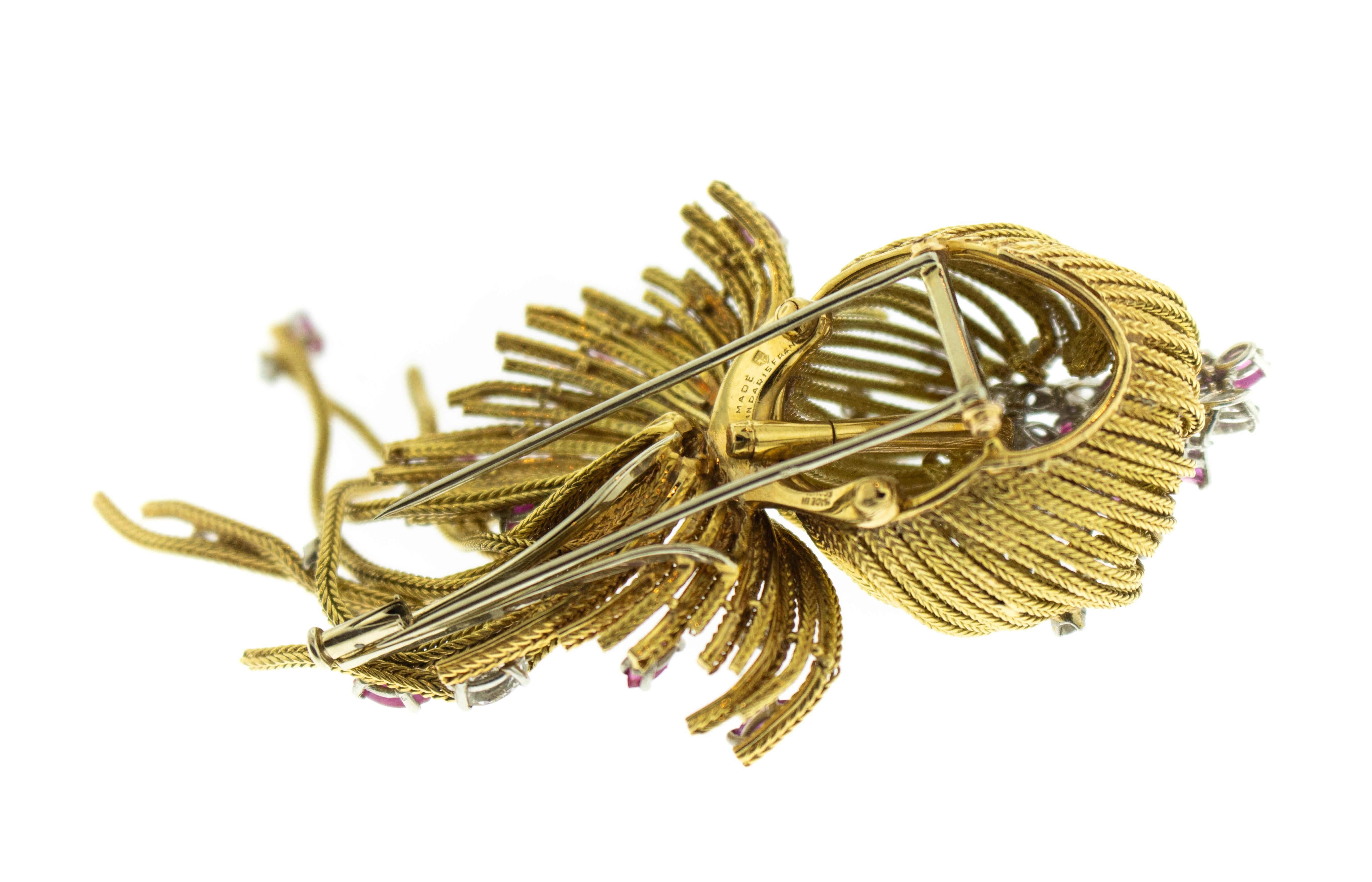 Artisan Ruby Diamond 18 Karat Gold Brooch For Sale