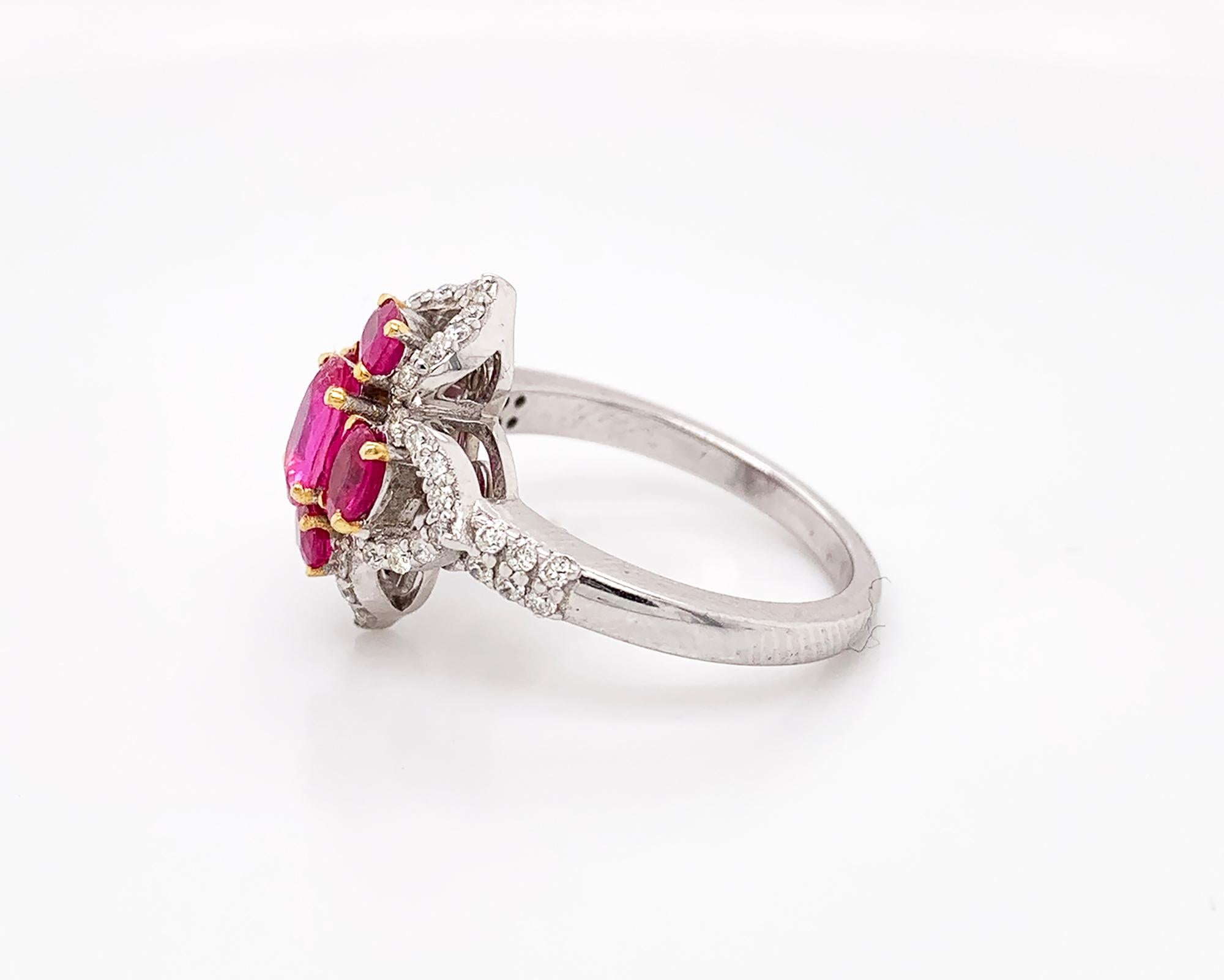 An elegant ring designed as a clover and embellished with rubies and diamonds.
5 oval rubies weighing 1.26 carats.
White pave diamonds weighing 0.71 carats.
The ring is made of 18K white gold. Weight of the ring is 5.42 grams.
Size 5.75
