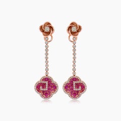 Ruby & Diamond 18K Rose Gold Floral Flower Clover Style Drop Earrings