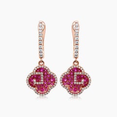 Ruby & Diamond 18K Rose Gold Floral Flower Clover Style Drop Earrings