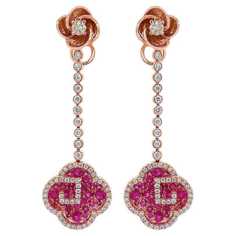 Ruby & Diamond 18K Rose Gold Floral Flower Clover Style Drop Earrings For Sale