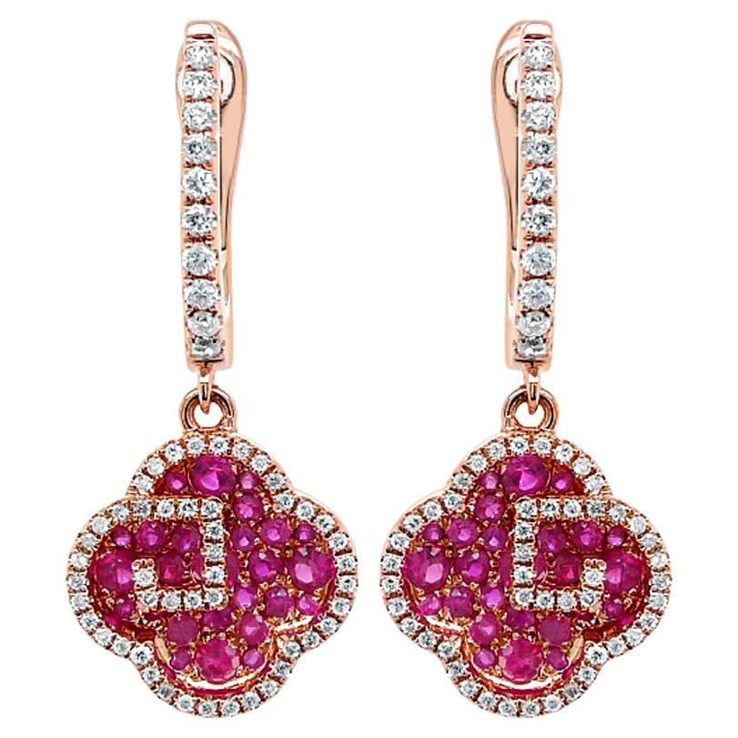 Ruby & Diamond 18K Rose Gold Floral Flower Clover Style Drop Earrings