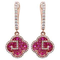 Ruby & Diamond 18K Rose Gold Floral Flower Clover Style Drop Earrings