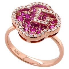 Ruby & Diamond 18K Rose Gold Floral Flower Clover Style Ring