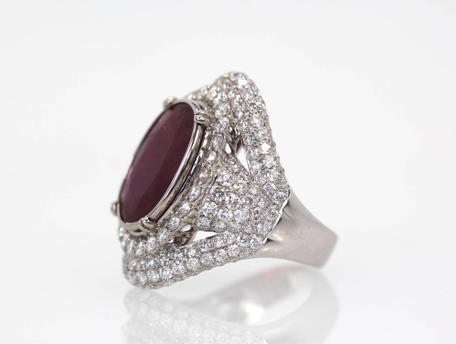 Oval Cut Ruby Diamond 18K White Gold Cocktail Ring 4.58 Carat Ruby 4.02 Carats Diamonds For Sale