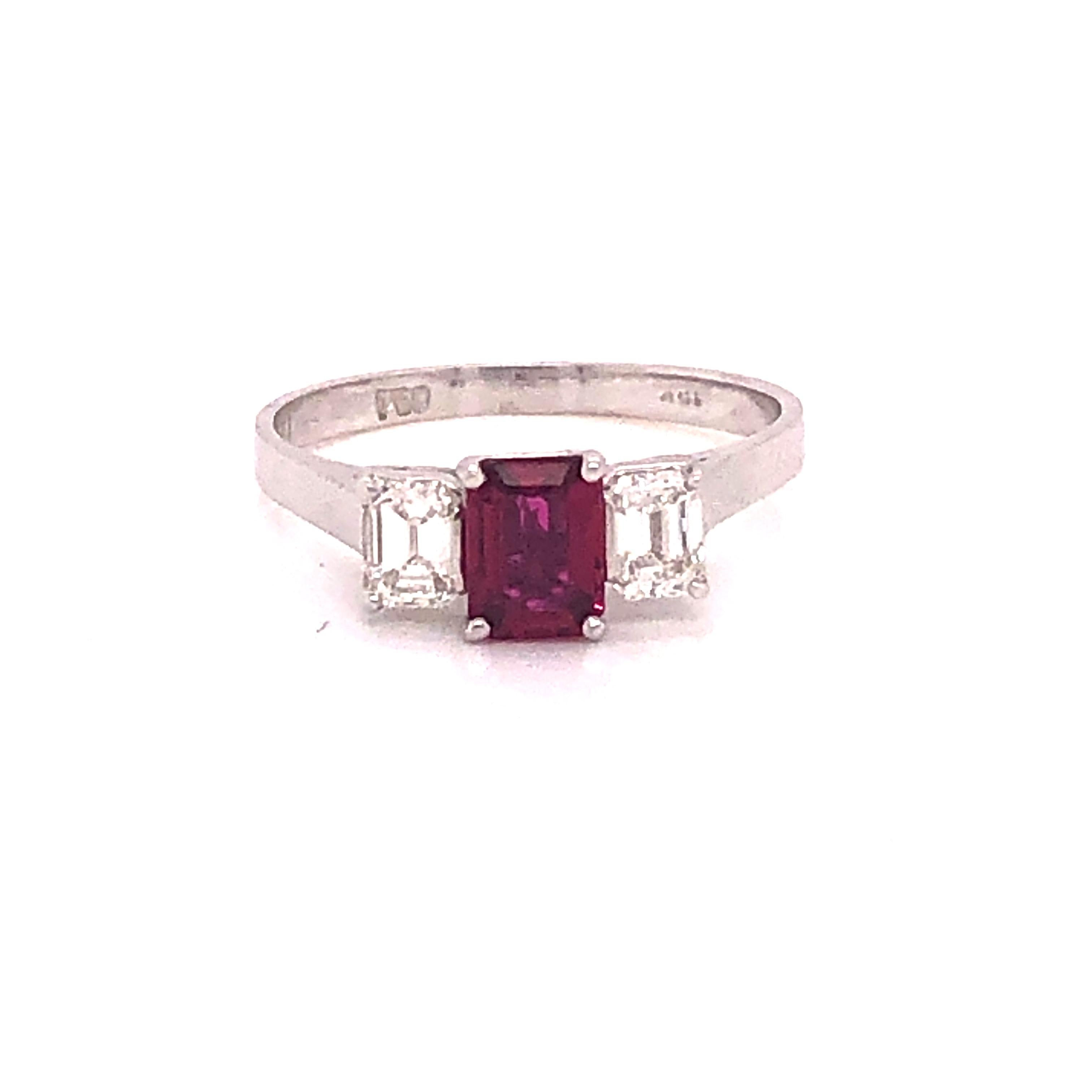 Emerald Cut Ruby and Diamond 18 Karat White Gold Engagement Ring For Sale