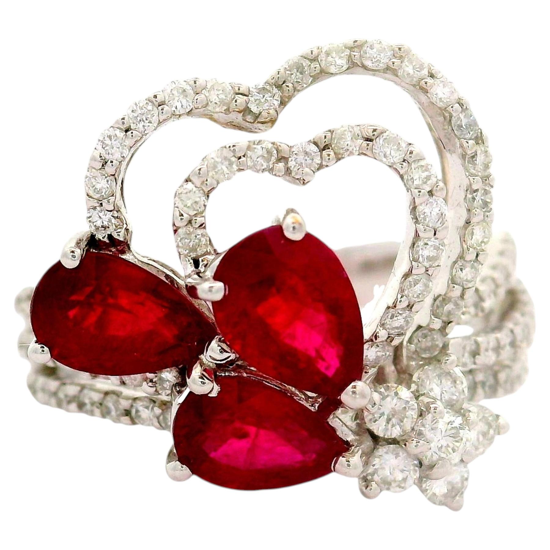 Ruby Diamond 18K White Gold Hearts and Flower Motif Ring For Sale