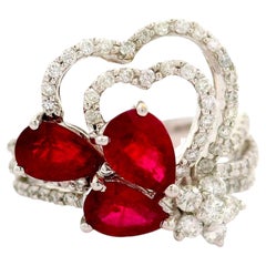 Ruby Diamond 18K White Gold Hearts and Flower Motif Ring