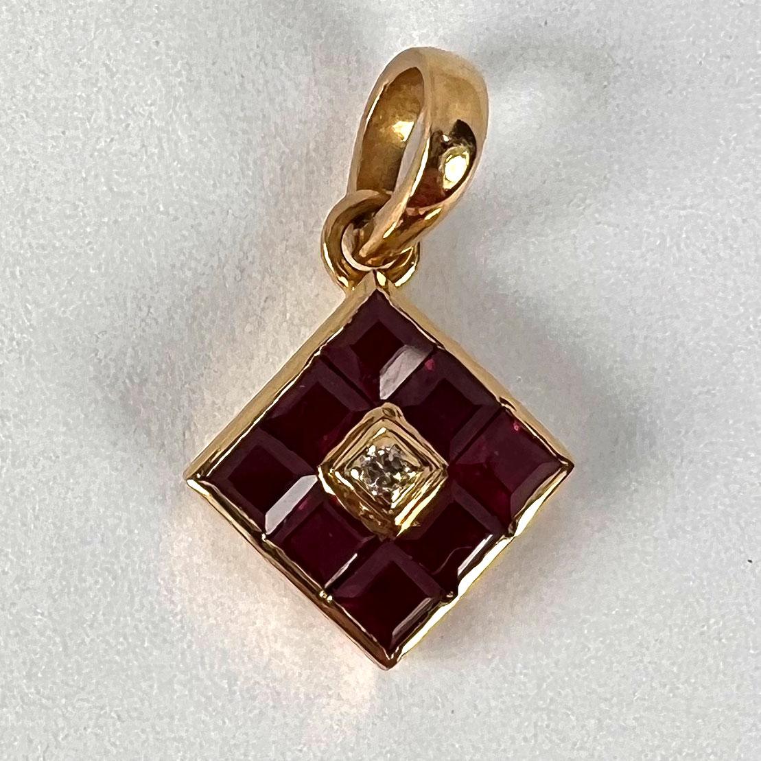 Ruby Diamond 18K Yellow Gold Angled Square Cluster Pendant For Sale 2