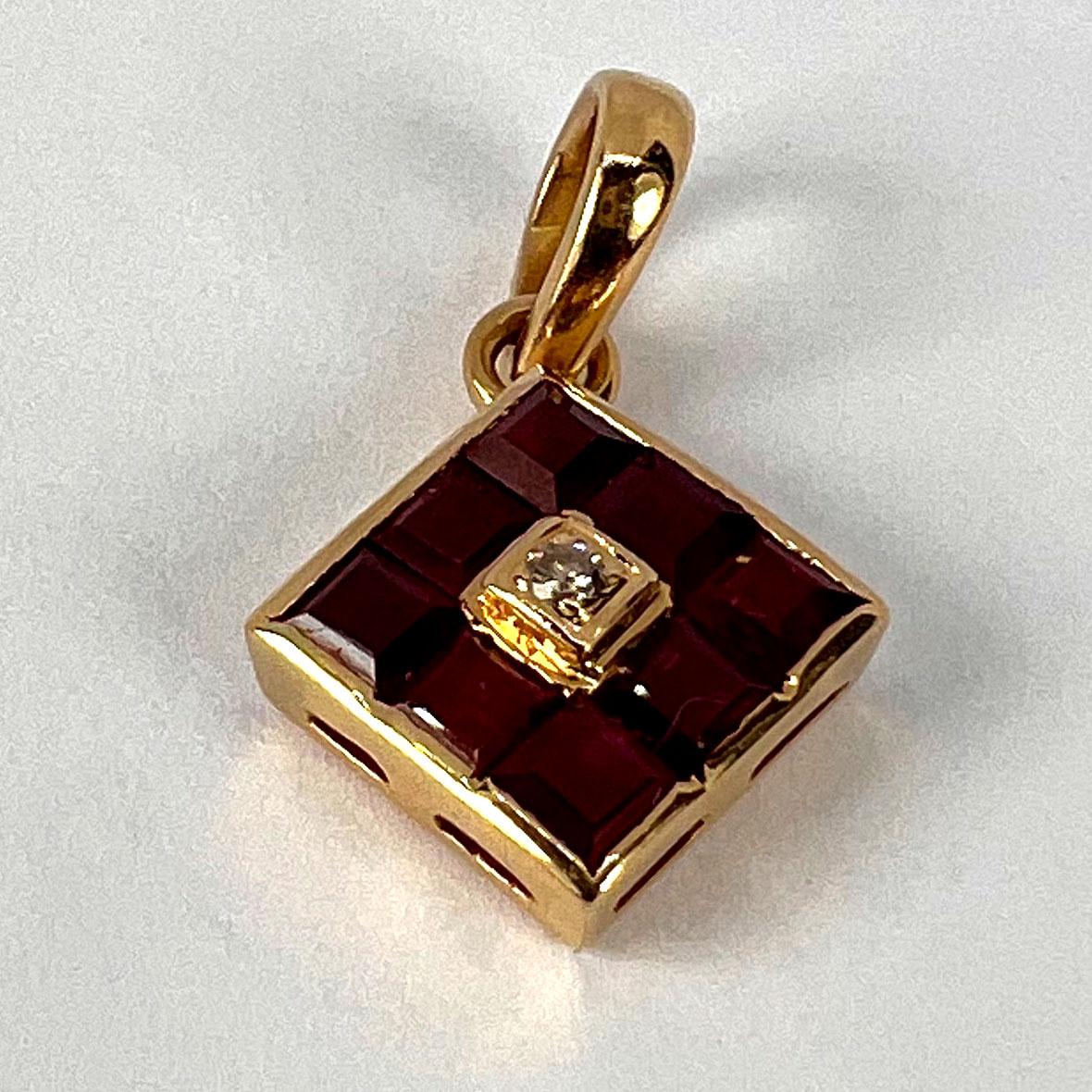 Ruby Diamond 18K Yellow Gold Angled Square Cluster Pendant For Sale 3