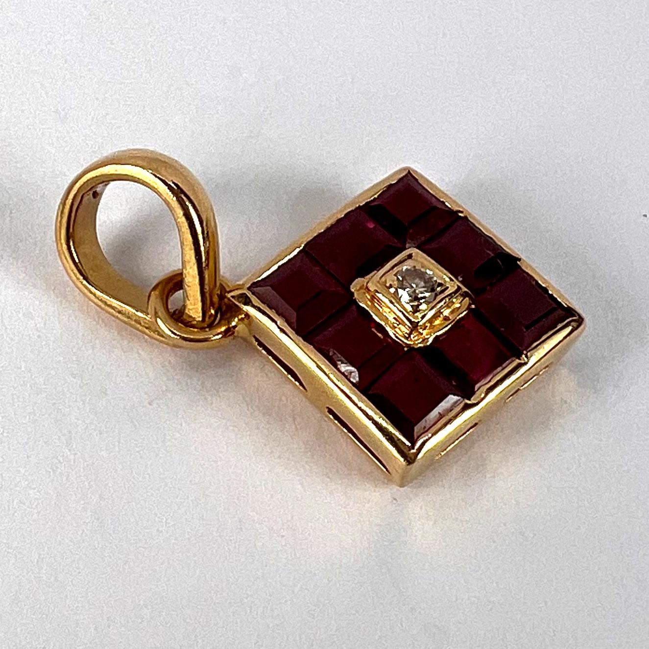 Ruby Diamond 18K Yellow Gold Angled Square Cluster Pendant For Sale 4