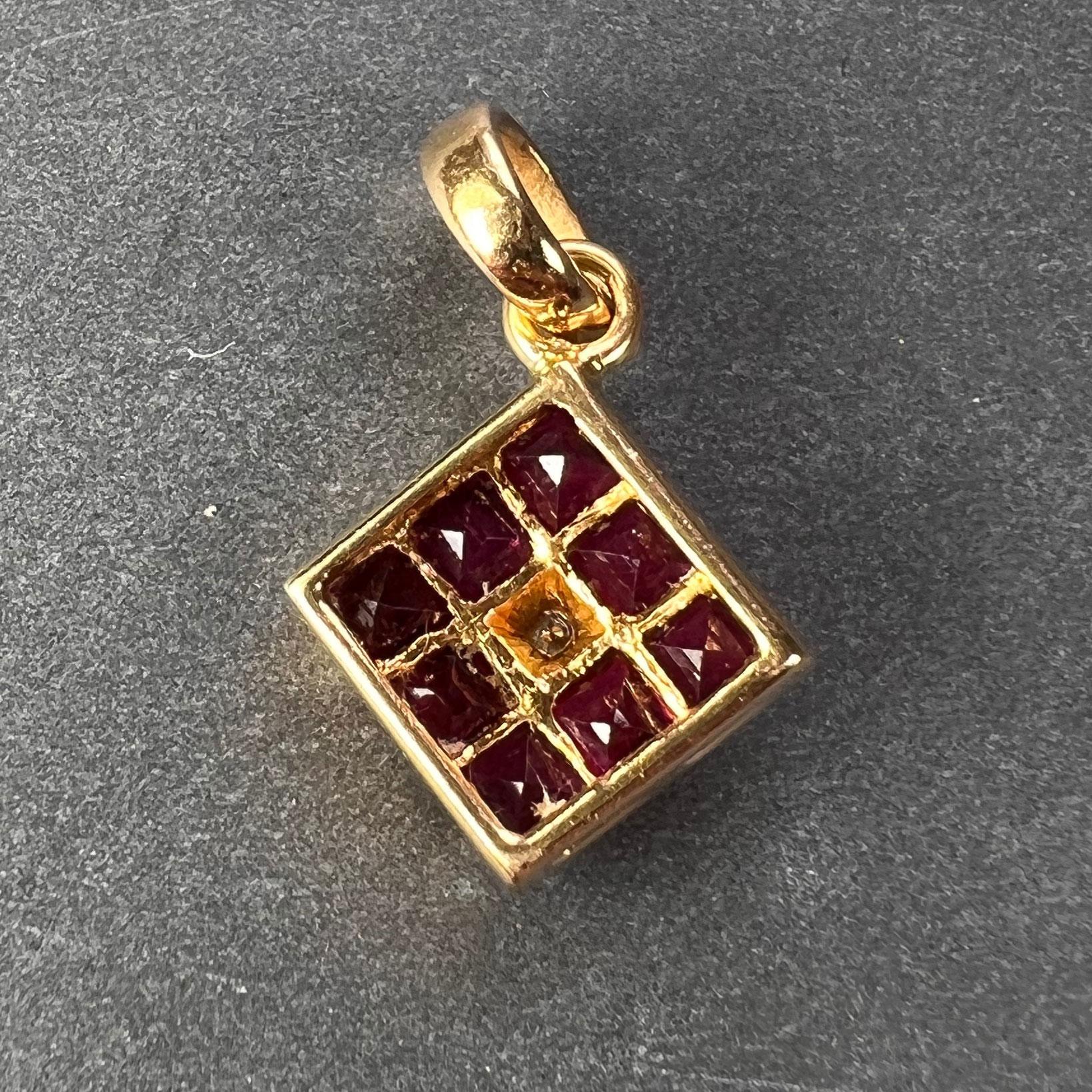 Square Cut Ruby Diamond 18K Yellow Gold Angled Square Cluster Pendant For Sale
