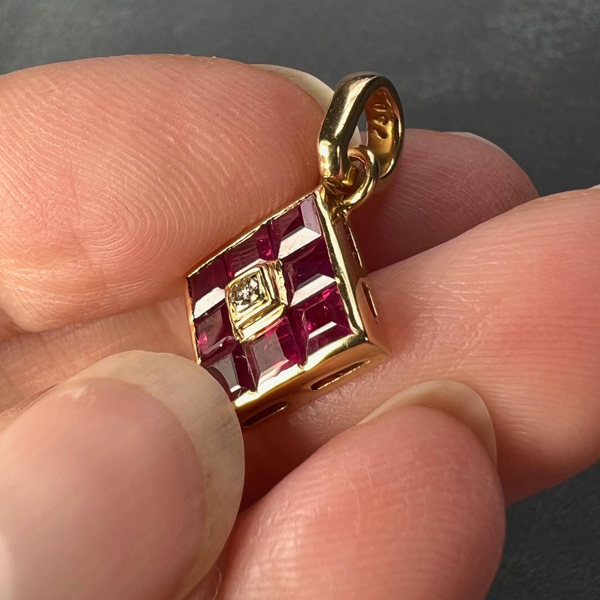 Women's or Men's Ruby Diamond 18K Yellow Gold Angled Square Cluster Pendant For Sale
