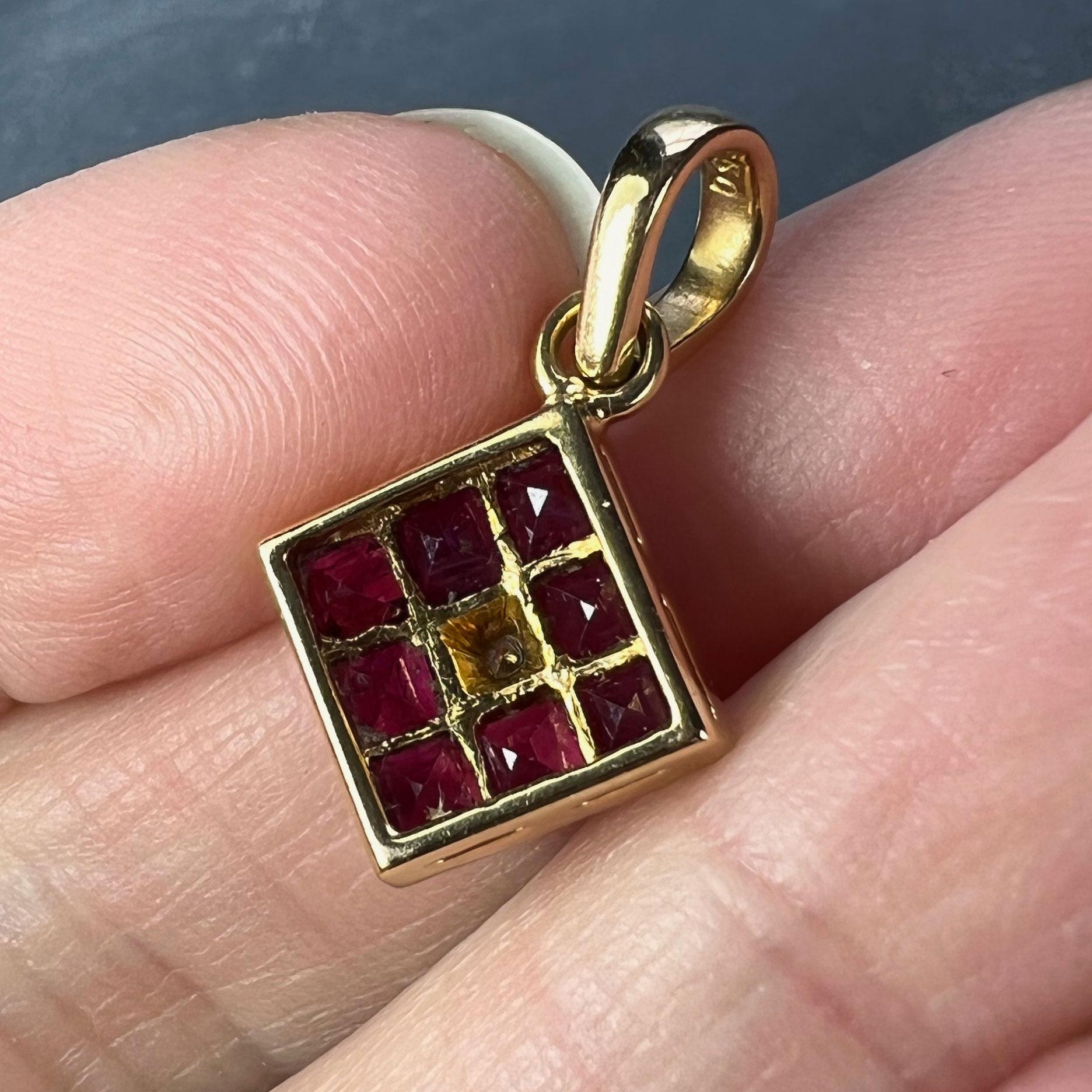 Ruby Diamond 18K Yellow Gold Angled Square Cluster Pendant For Sale 1