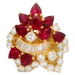 Ruby Diamond 18K Yellow Gold Cluster Cocktail Ring