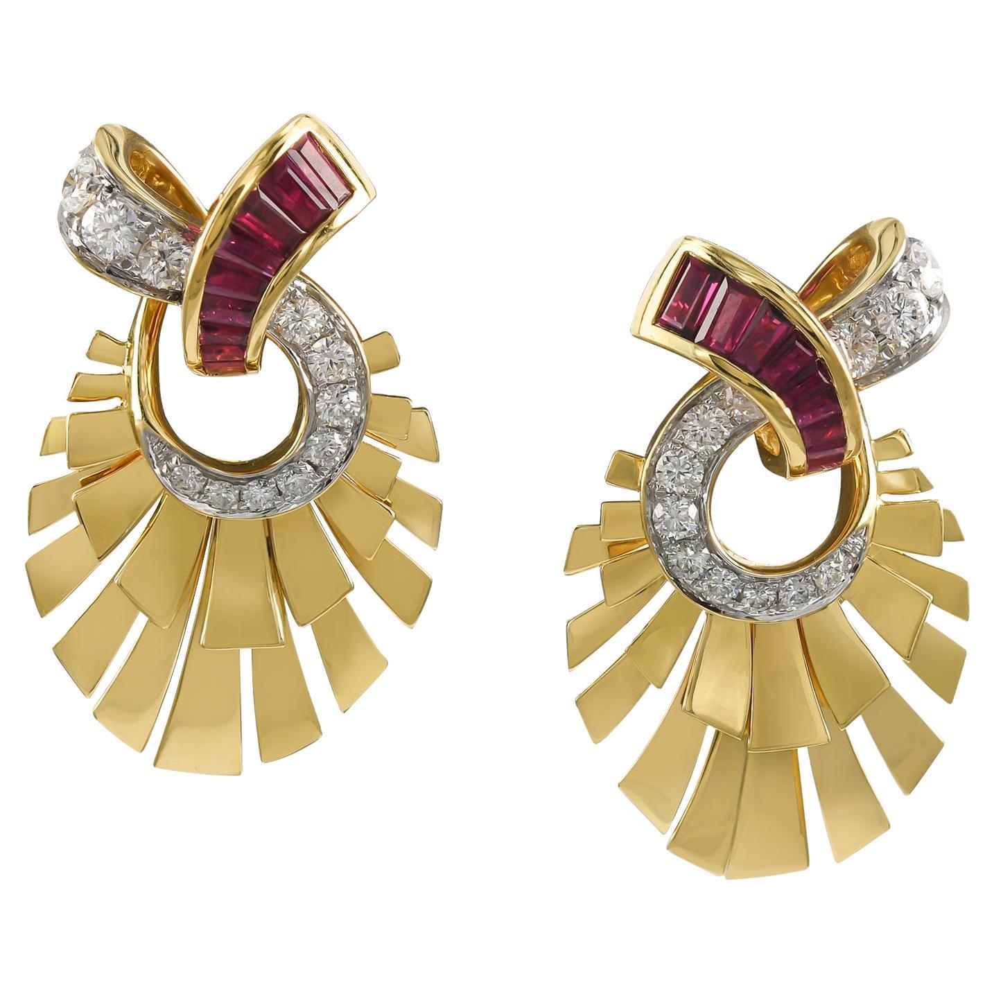 Ruby Diamond 18k Yellow Gold Fan Earrings For Sale