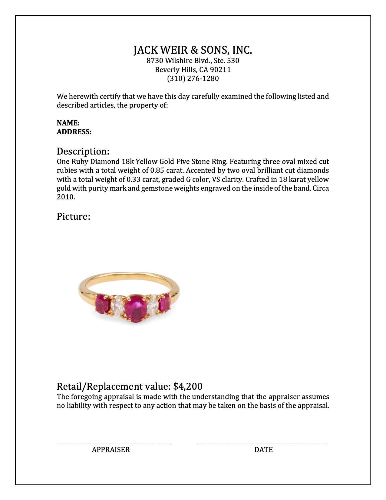 Women's or Men's Ruby Diamond 18k Yellow Gold Five Stone Ring