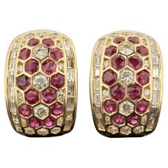 Ruby & Diamond 18k Yellow Gold Honeycomb Hoop Earrings 3.75ctw